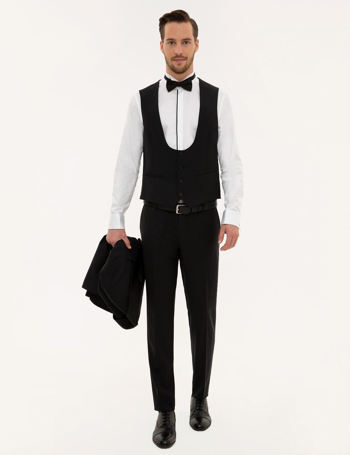 Siyah Ex.Slim Fit Yelekli Smokin Damatlık - 50224051047