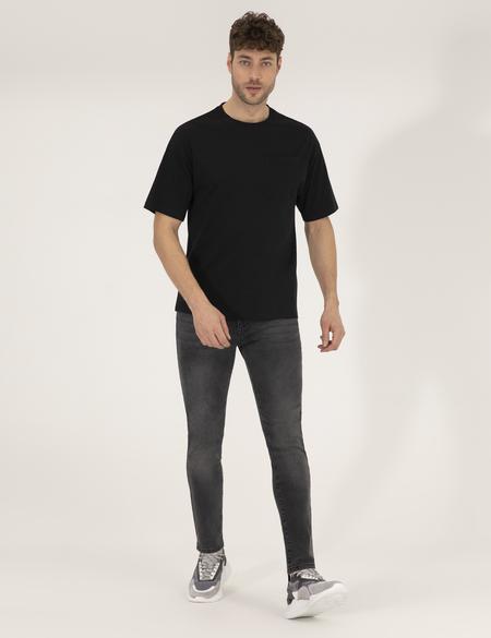 Siyah Regular Fit Düz Cepli Bisiklet Yaka Tişört - 50270489017