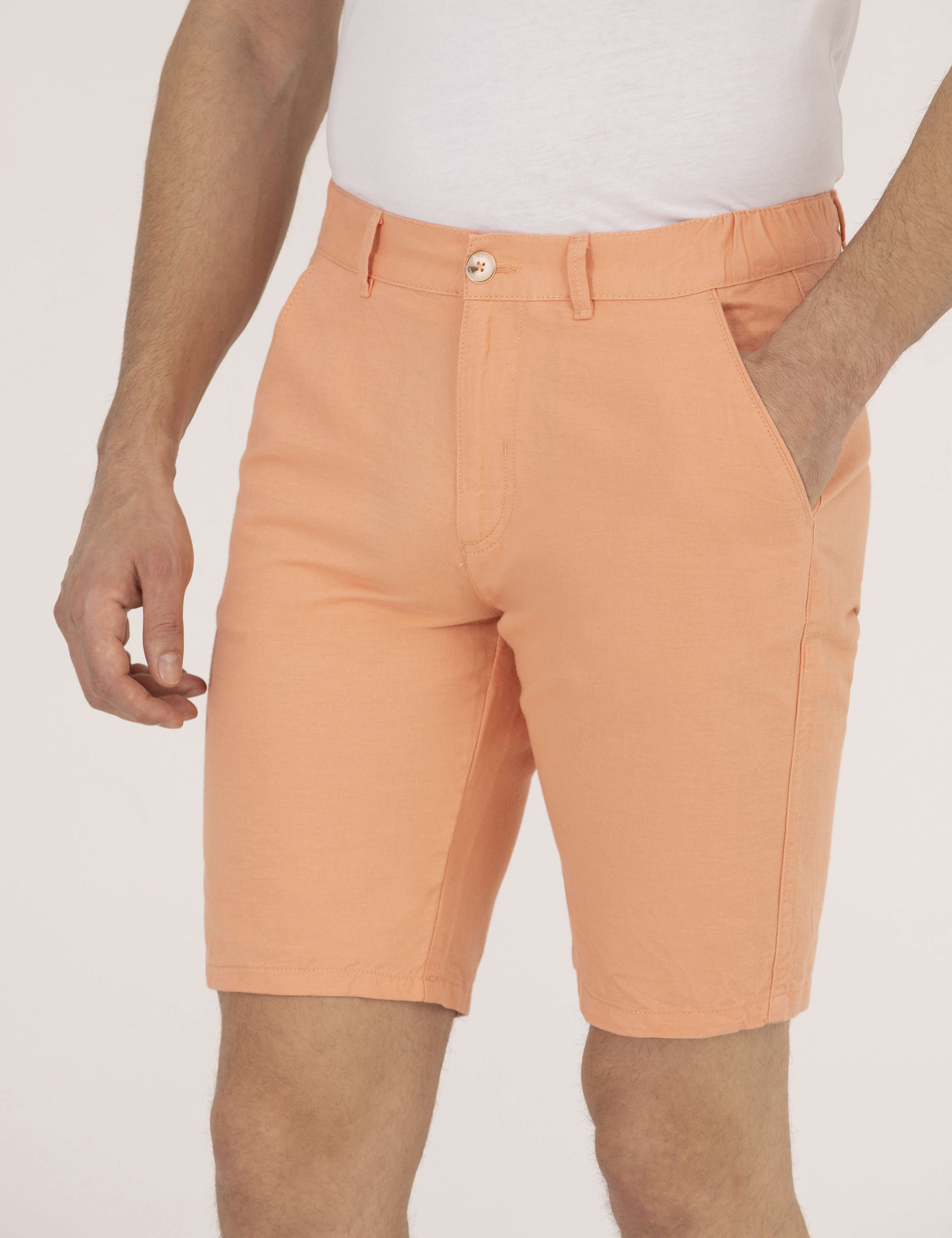 Turuncu Slim Fit Keten Karışımlı Beli Lastikli Bermuda Şort