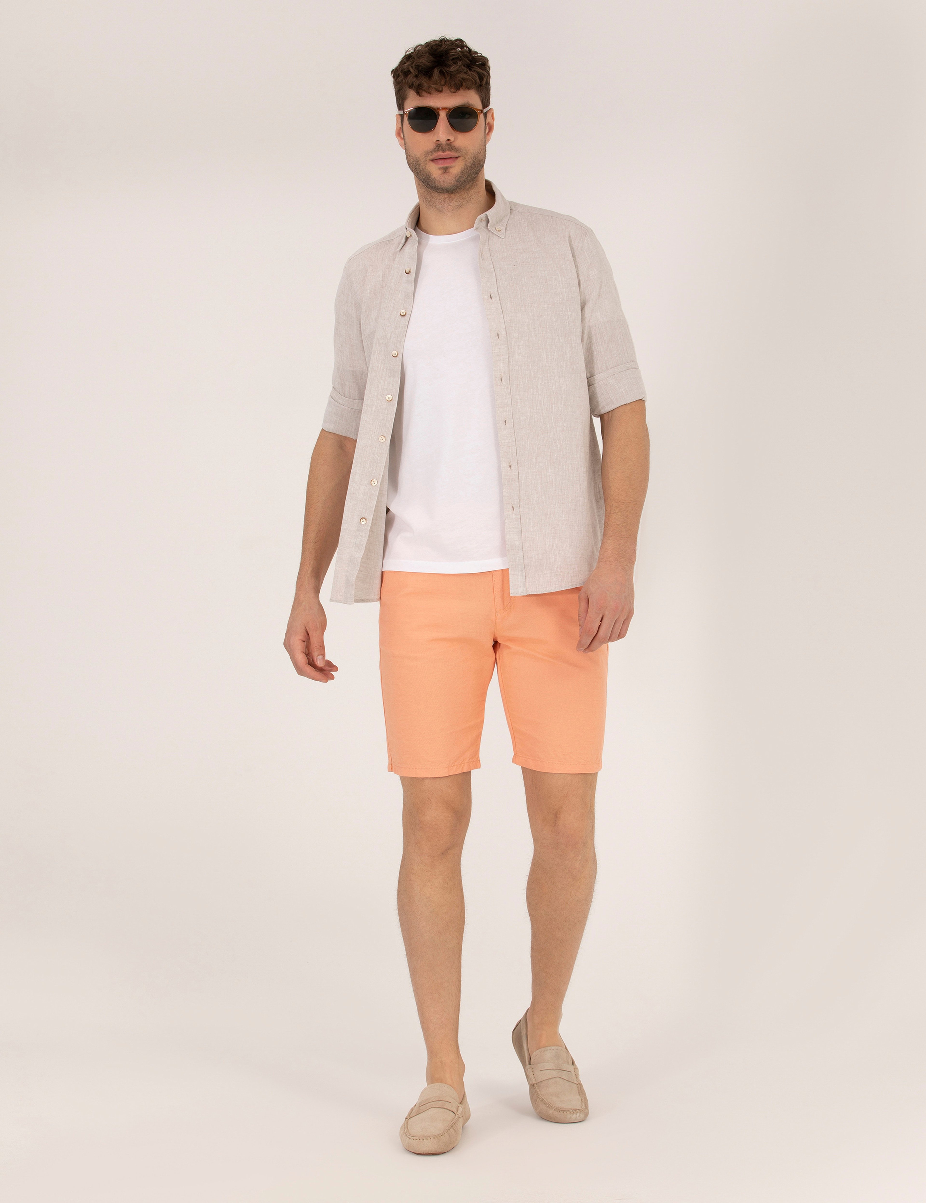 Turuncu Slim Fit Keten Karışımlı Beli Lastikli Bermuda Şort