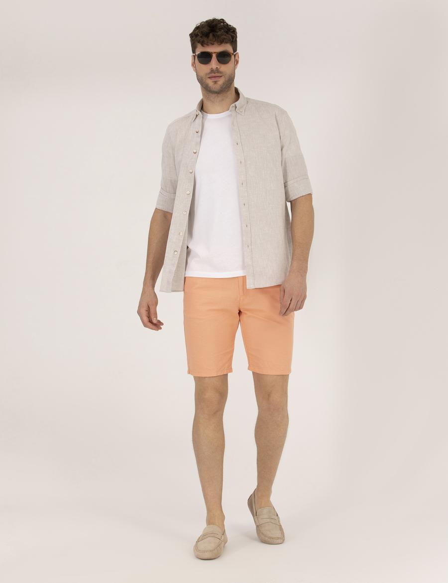 Turuncu Slim Fit Keten Karışımlı Beli Lastikli Bermuda Şort