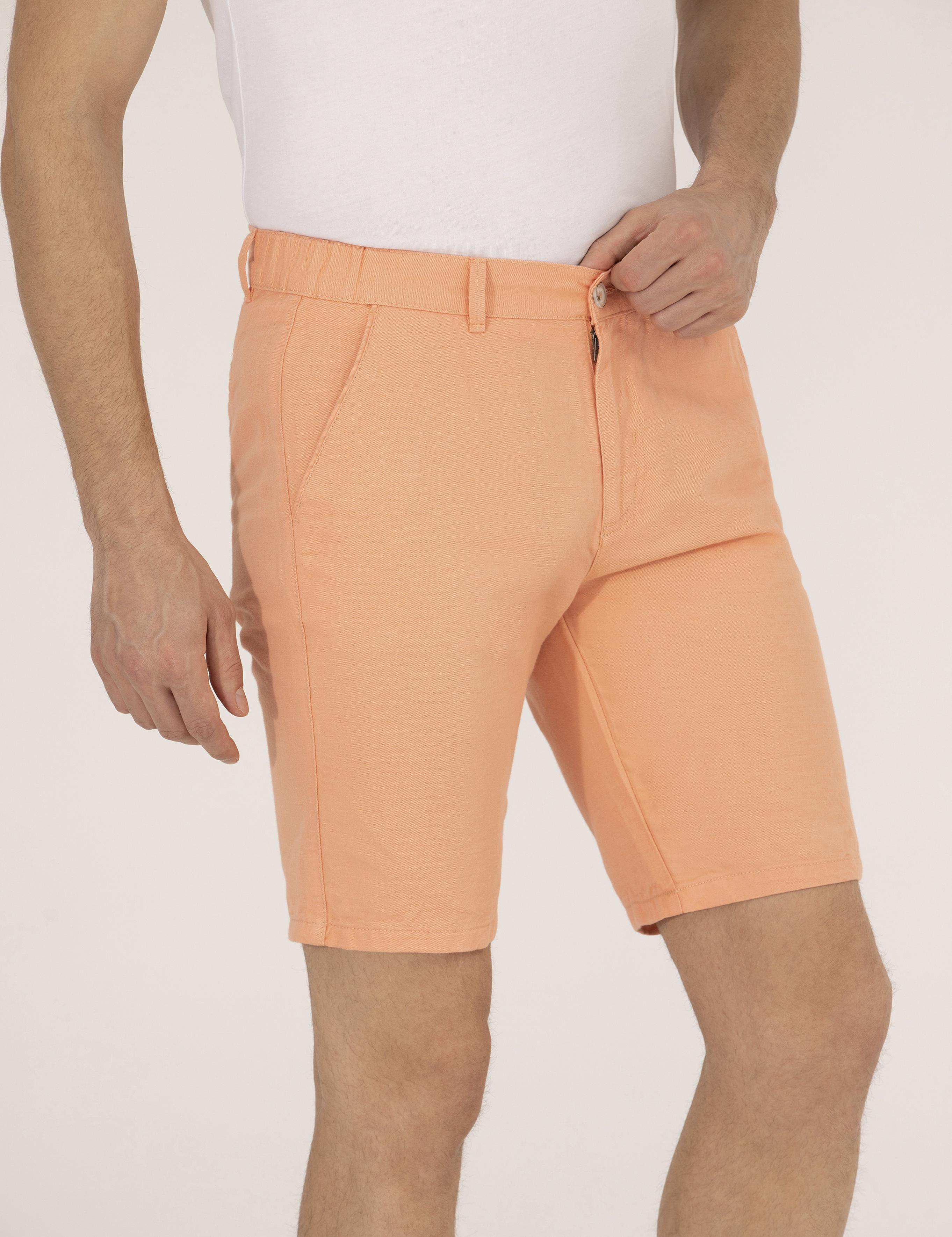 Turuncu Slim Fit Keten Karışımlı Beli Lastikli Bermuda Şort