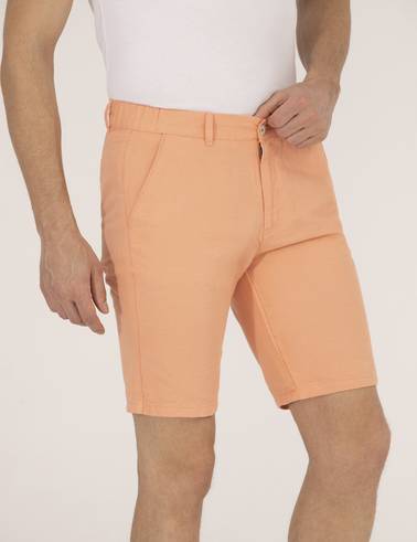 Turuncu Slim Fit Keten Karışımlı Beli Lastikli Bermuda Şort