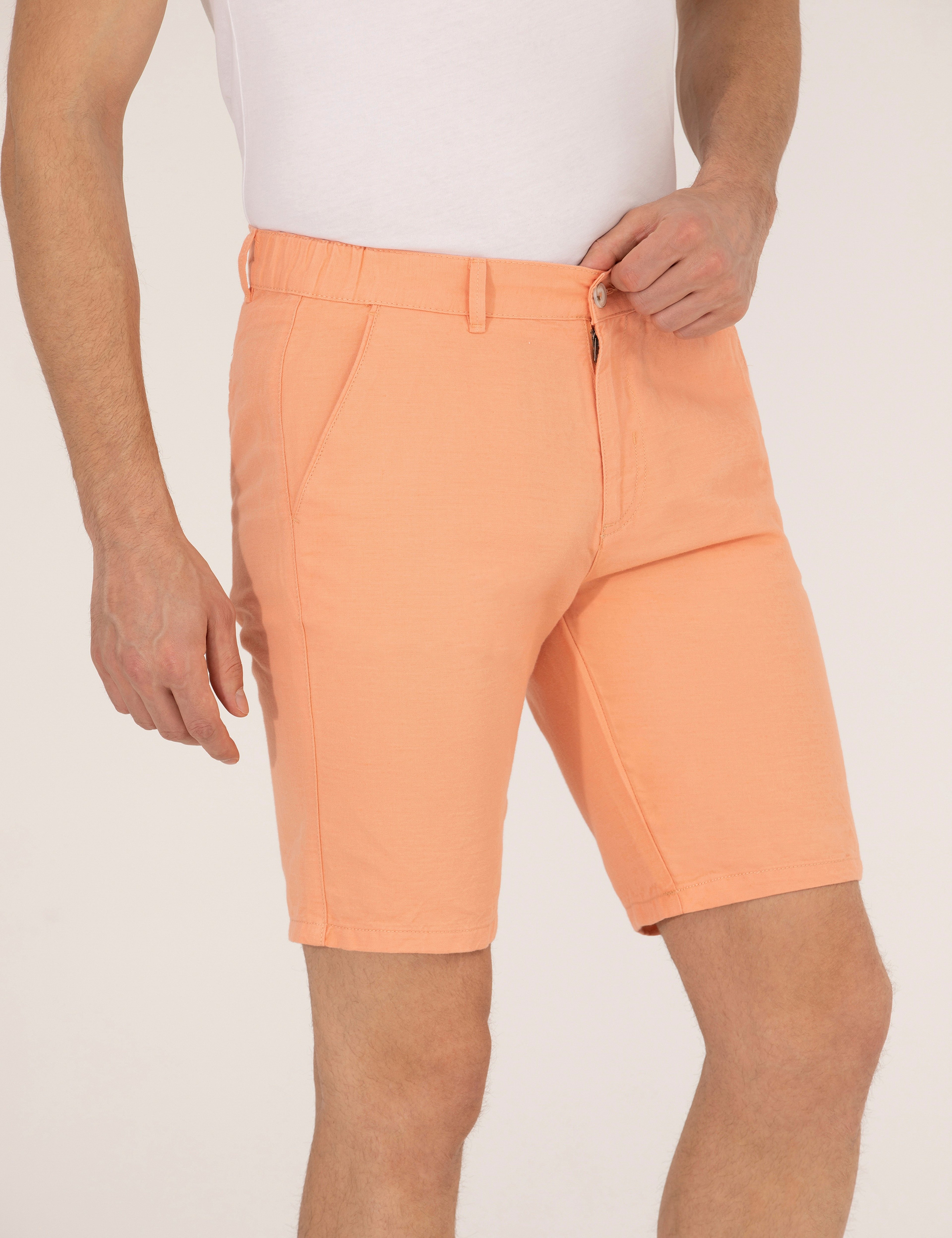 Turuncu Slim Fit Keten Karışımlı Beli Lastikli Bermuda Şort