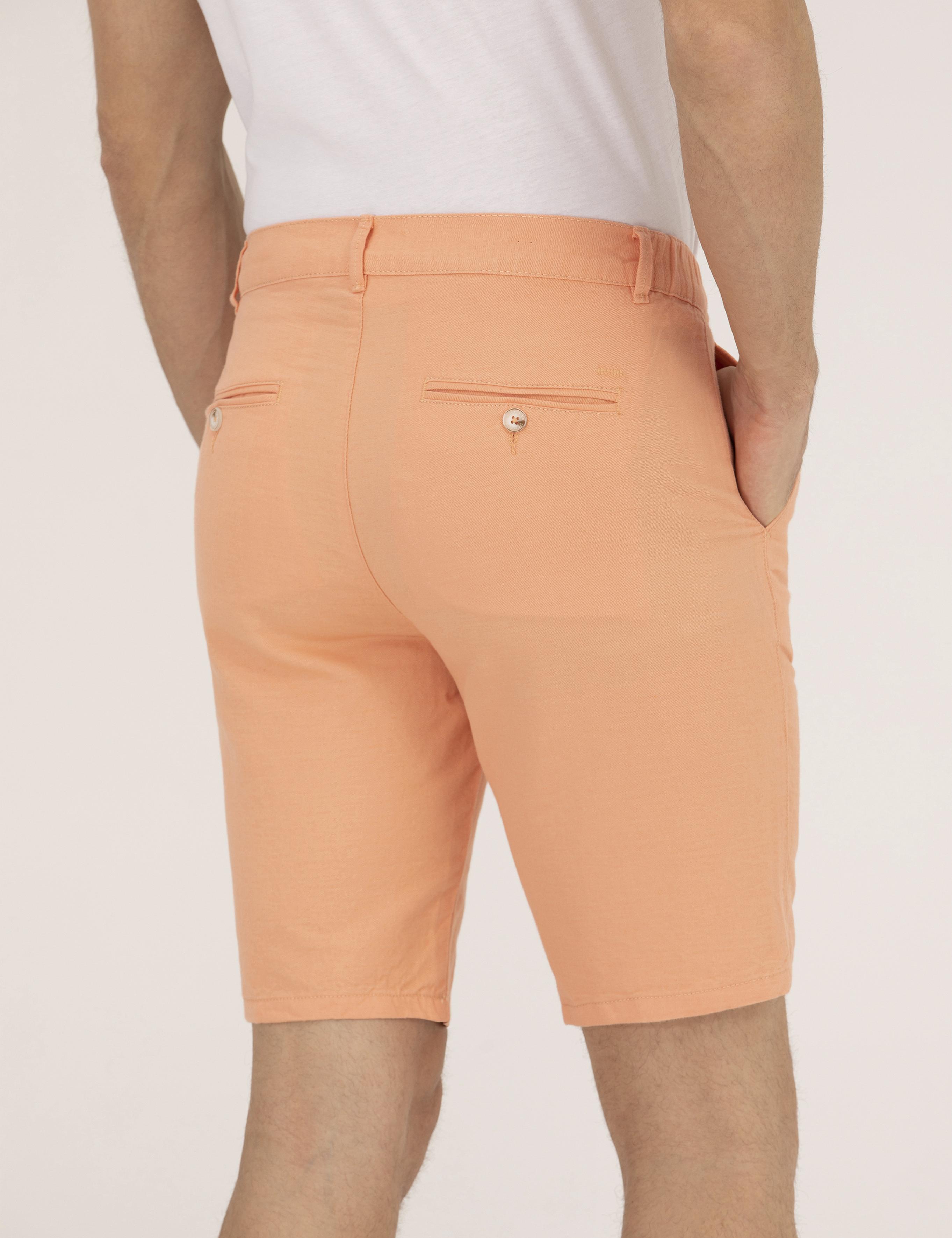 Turuncu Slim Fit Keten Karışımlı Beli Lastikli Bermuda Şort