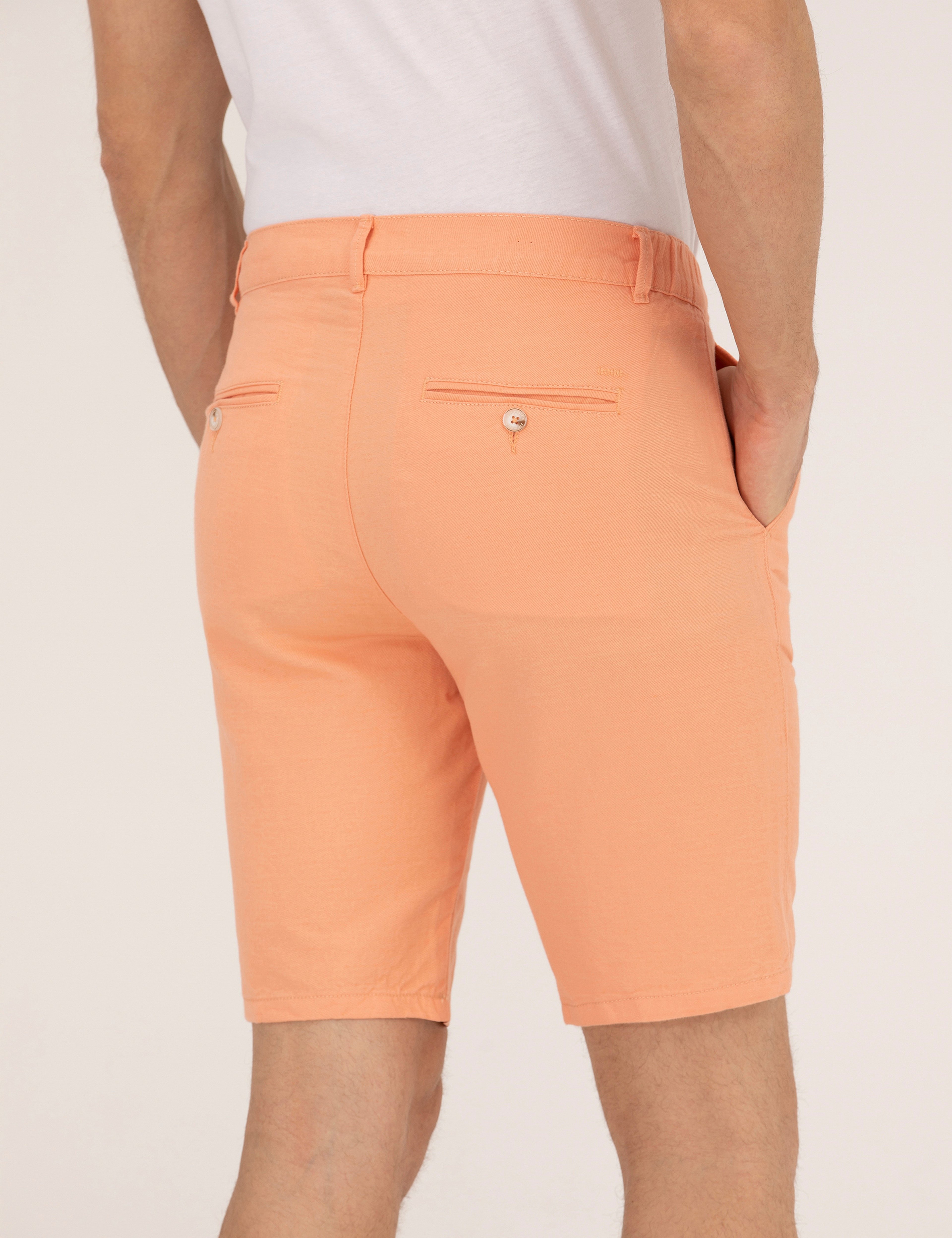 Turuncu Slim Fit Keten Karışımlı Beli Lastikli Bermuda Şort