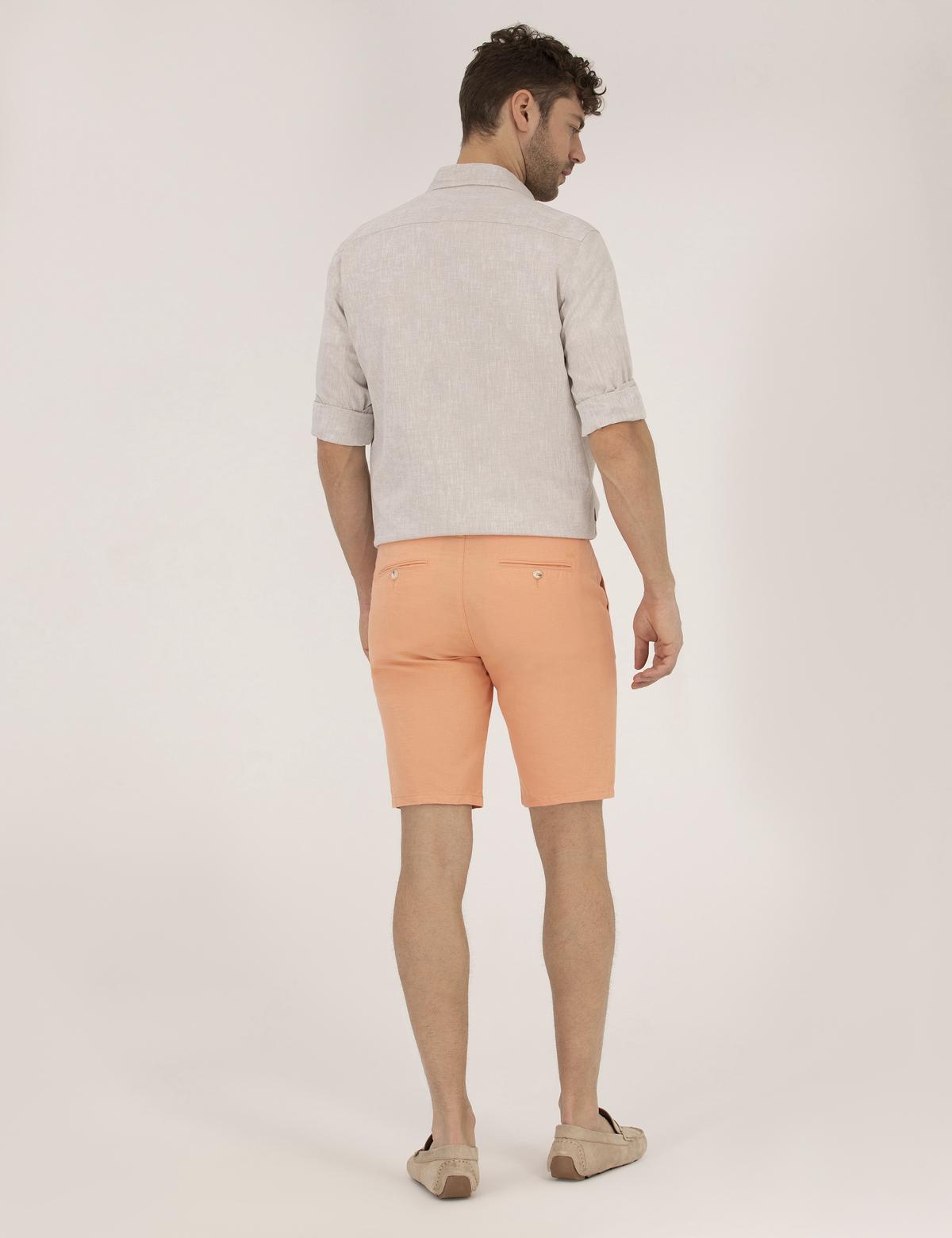 Turuncu Slim Fit Keten Karışımlı Beli Lastikli Bermuda Şort - 50264863074