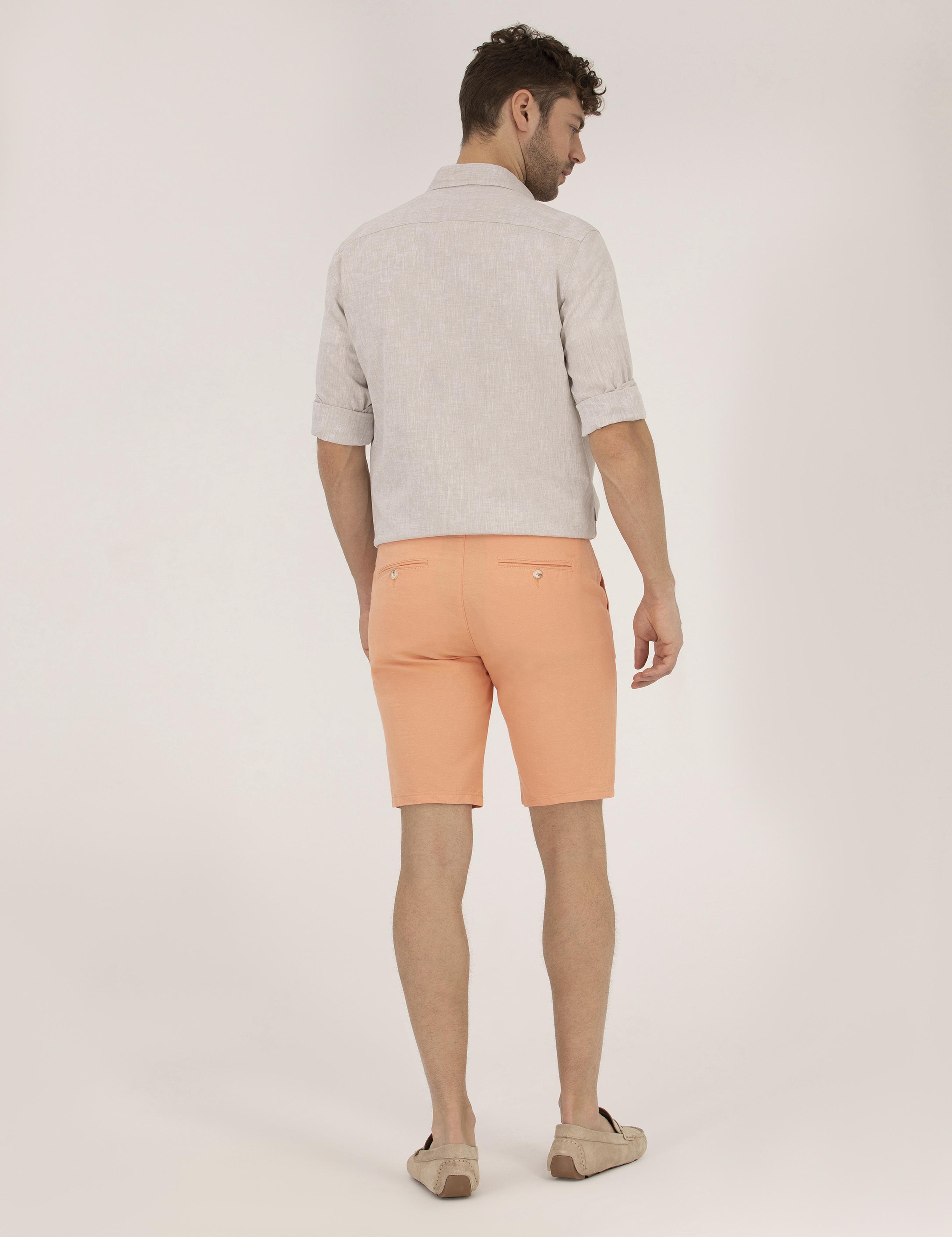 Turuncu Slim Fit Keten Karışımlı Beli Lastikli Bermuda Şort