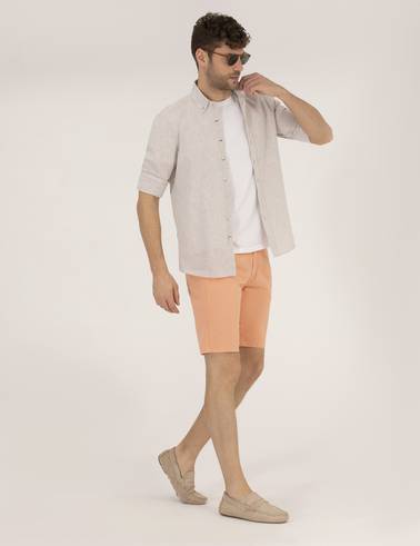 Turuncu Slim Fit Keten Karışımlı Beli Lastikli Bermuda Şort