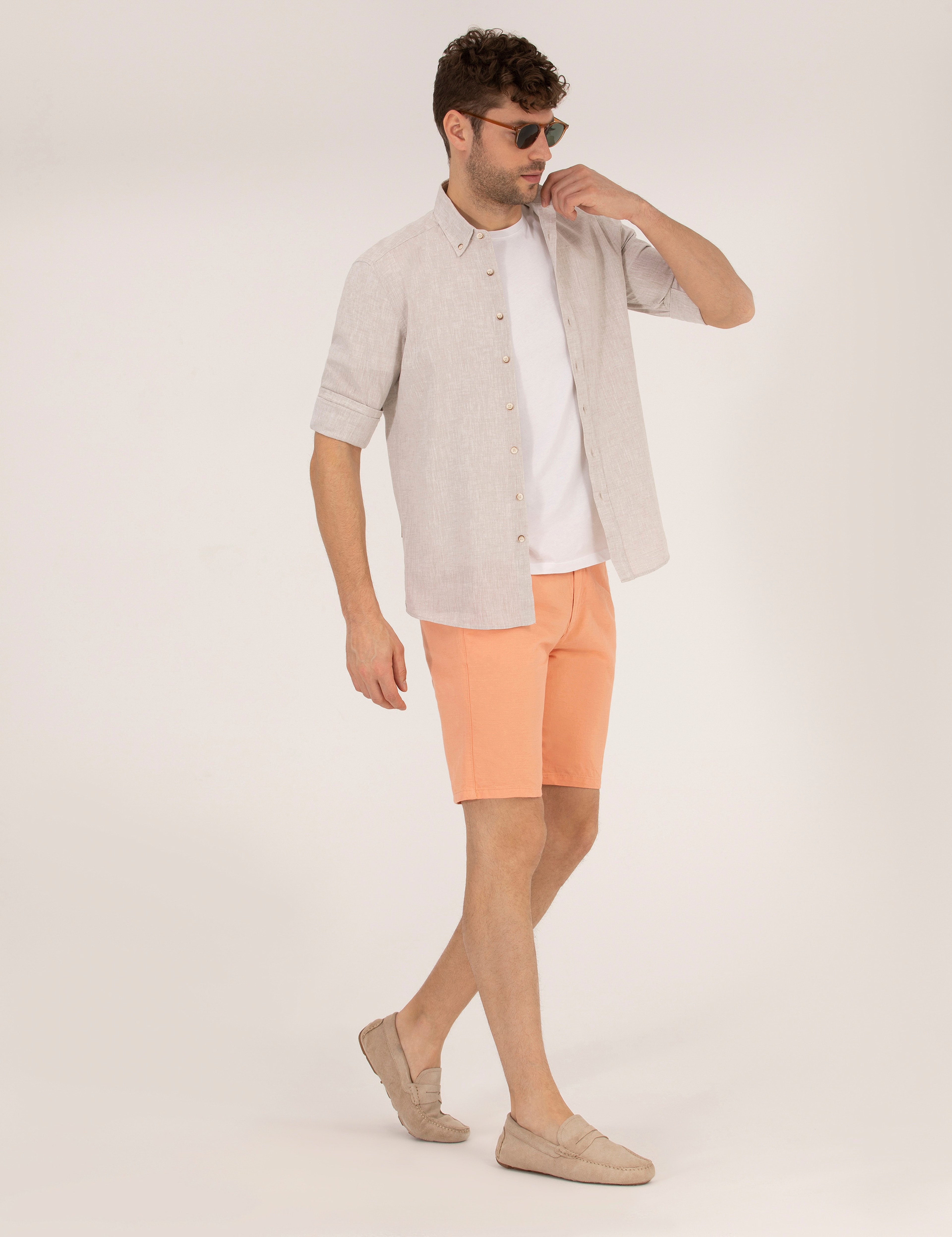 Turuncu Slim Fit Keten Karışımlı Beli Lastikli Bermuda Şort - Image 3
