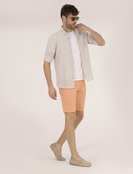 Turuncu Slim Fit Keten Karışımlı Beli Lastikli Bermuda Şort - 50264863074