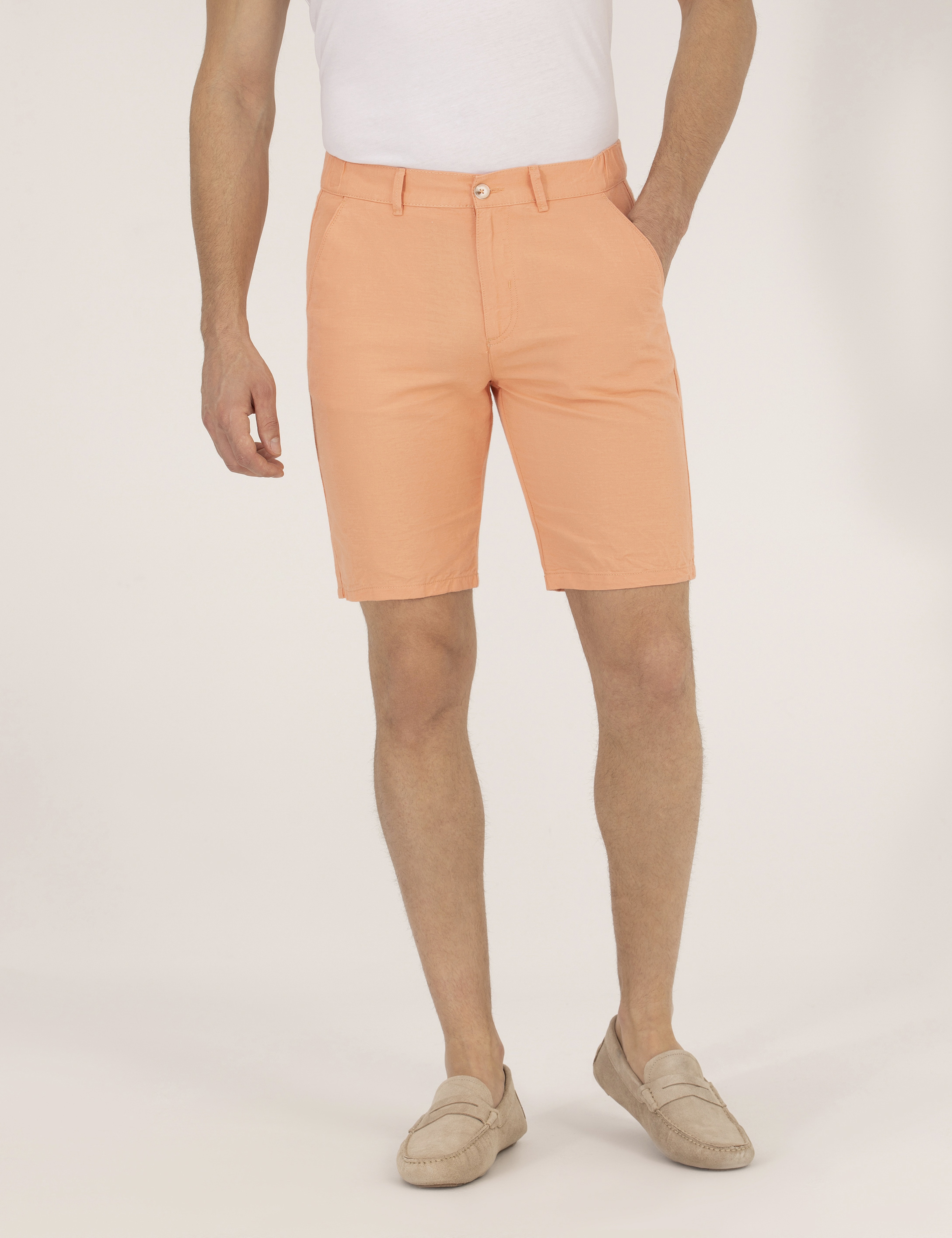 Turuncu Slim Fit Keten Karışımlı Beli Lastikli Bermuda Şort