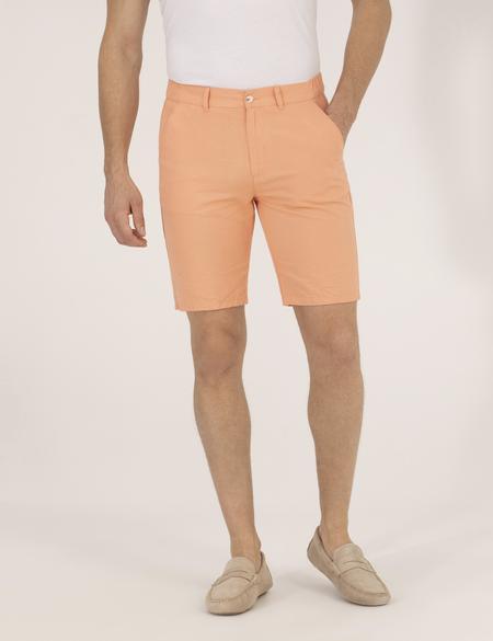 Turuncu Slim Fit Keten Karışımlı Beli Lastikli Bermuda Şort - 50264863074
