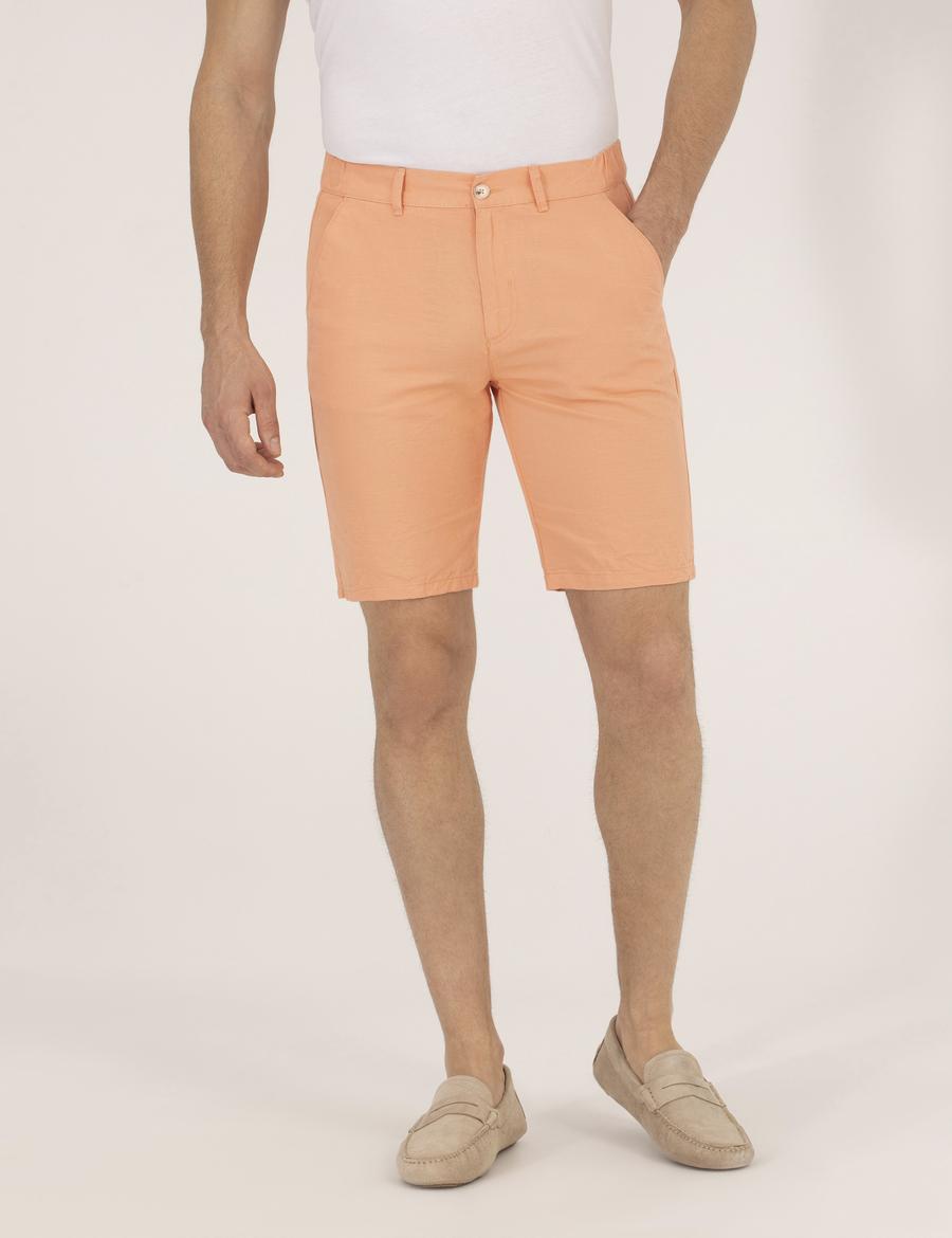 Turuncu Slim Fit Keten Karışımlı Beli Lastikli Bermuda Şort
