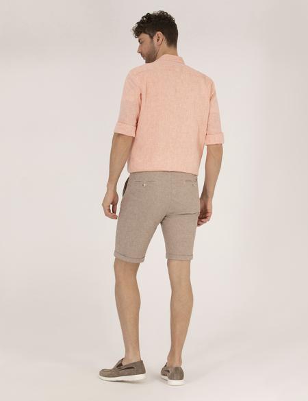 Açık Kahverengi Slim Fit Keten Karışımlı Çizgili Bağcıklı Bermuda Şort - 50264874040