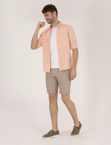 Açık Kahverengi Slim Fit Keten Karışımlı Çizgili Bağcıklı Bermuda Şort - 50264874040