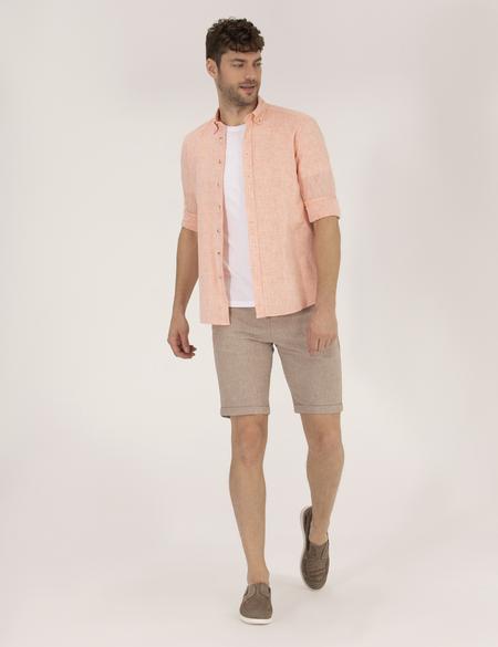 Açık Kahverengi Slim Fit Keten Karışımlı Çizgili Bağcıklı Bermuda Şort - 50264874040