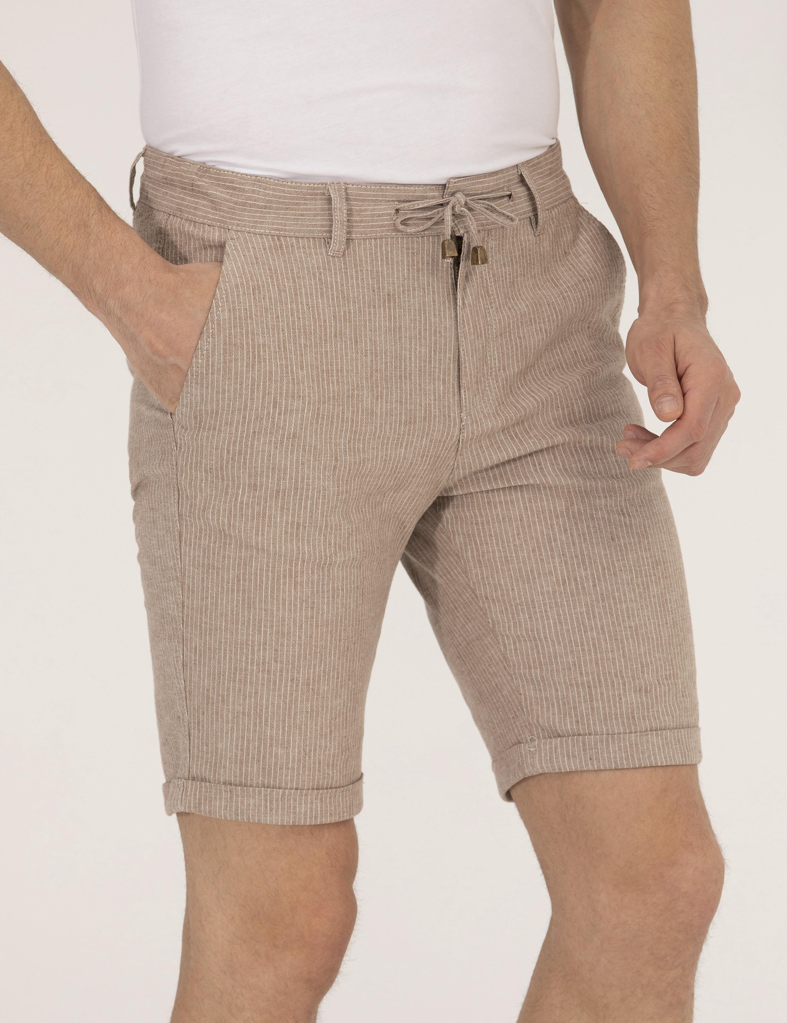 Açık Kahverengi Slim Fit Keten Karışımlı Çizgili Bağcıklı Bermuda Şort
