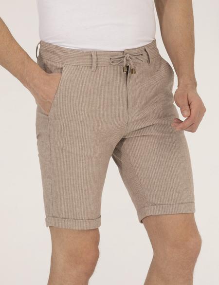 Açık Kahverengi Slim Fit Keten Karışımlı Çizgili Bağcıklı Bermuda Şort - 50264874040