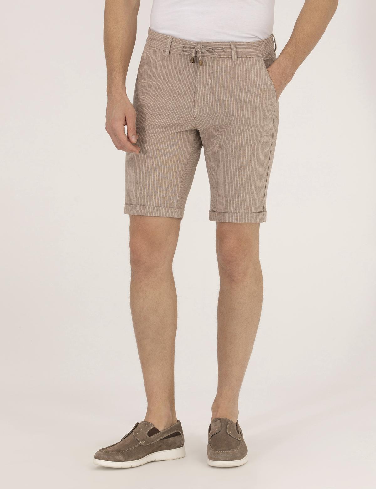 Açık Kahverengi Slim Fit Keten Karışımlı Çizgili Bağcıklı Bermuda Şort - 50264874040