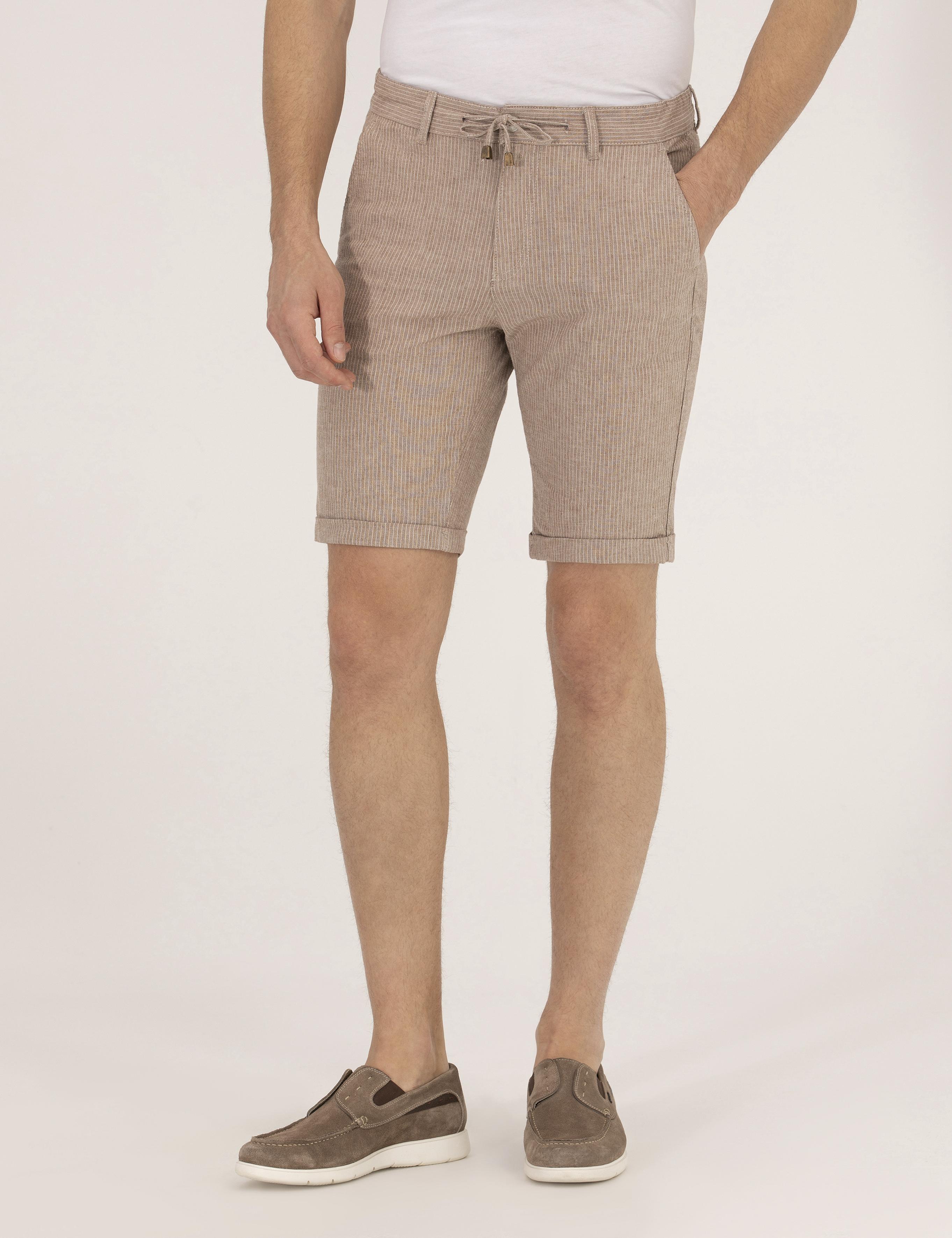 Açık Kahverengi Slim Fit Keten Karışımlı Çizgili Bağcıklı Bermuda Şort