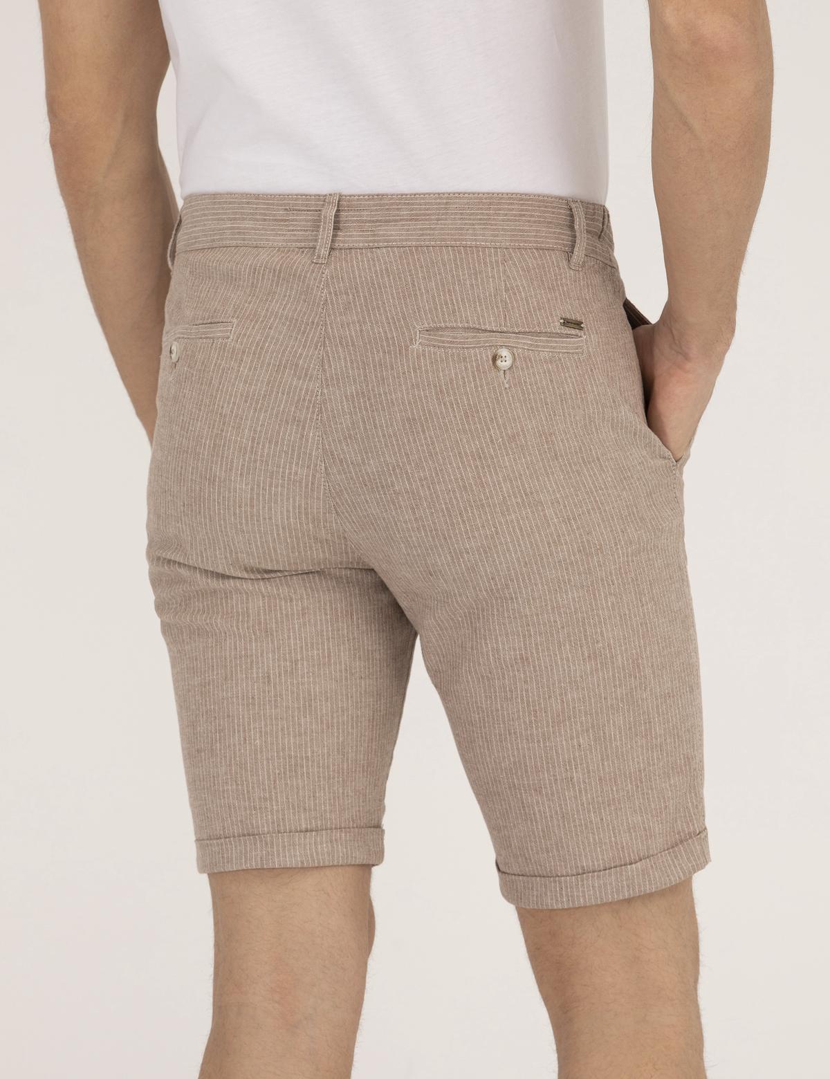 Açık Kahverengi Slim Fit Keten Karışımlı Çizgili Bağcıklı Bermuda Şort - 50264874040