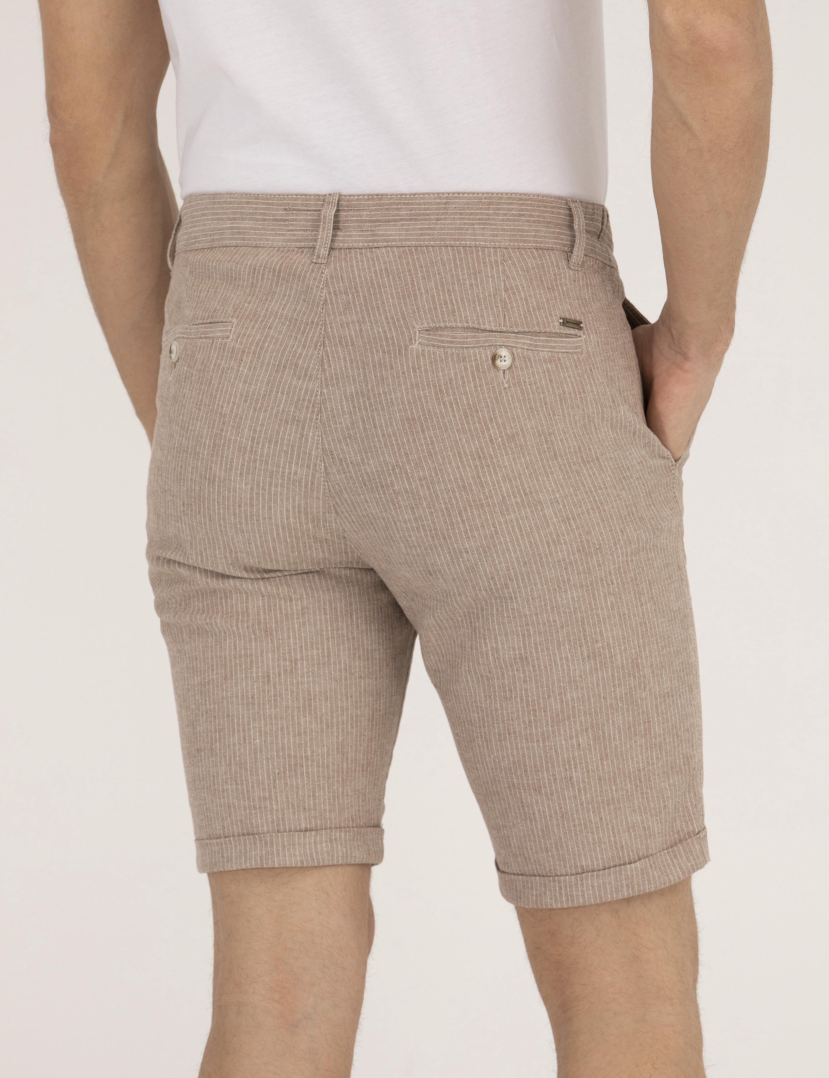Açık Kahverengi Slim Fit Keten Karışımlı Çizgili Bağcıklı Bermuda Şort