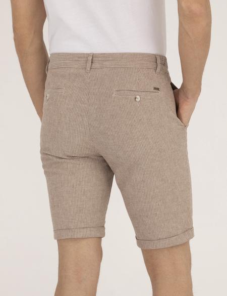 Açık Kahverengi Slim Fit Keten Karışımlı Çizgili Bağcıklı Bermuda Şort - 50264874040