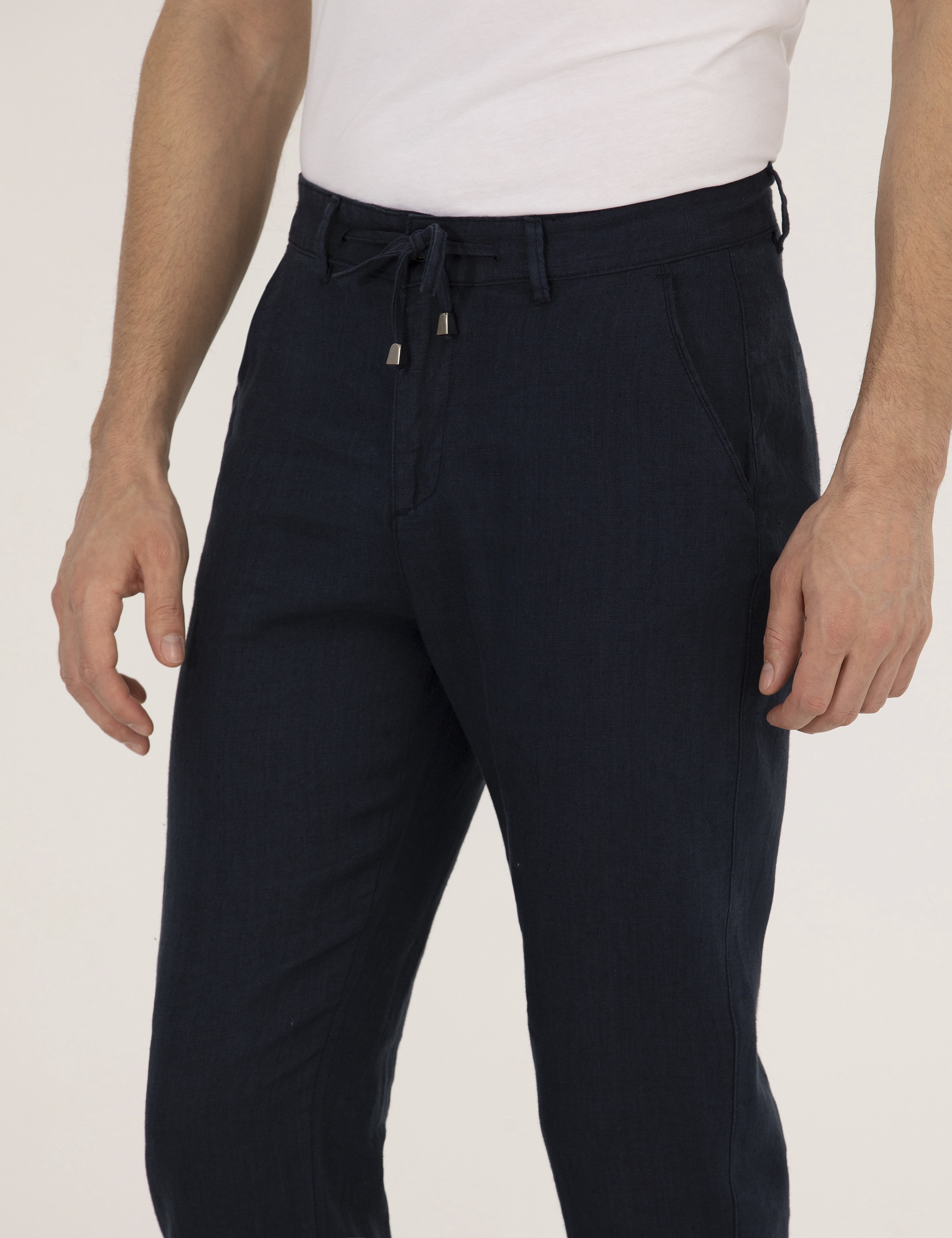 Lacivert Carrot Fit Keten Chino Pantolon