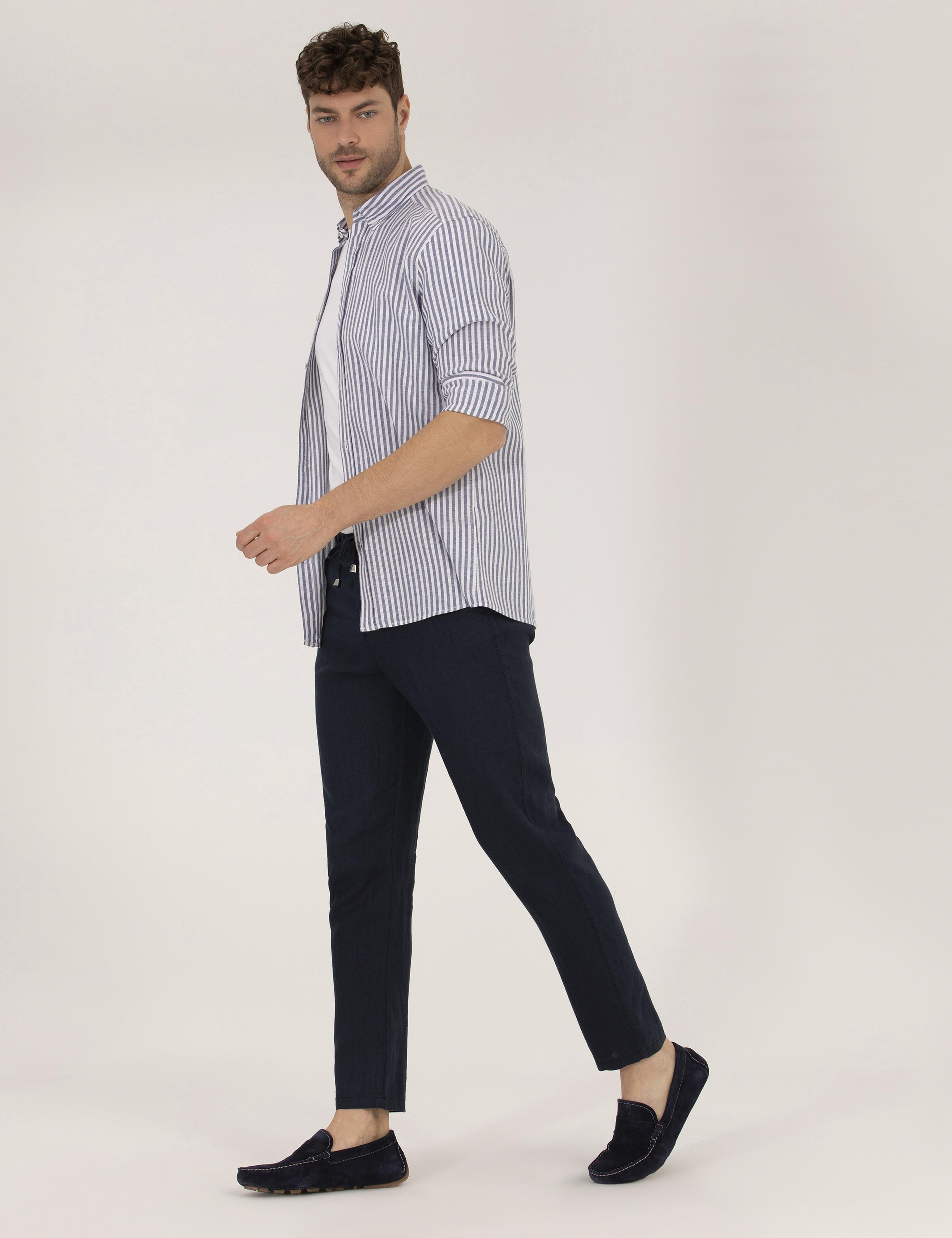 Lacivert Carrot Fit Keten Chino Pantolon