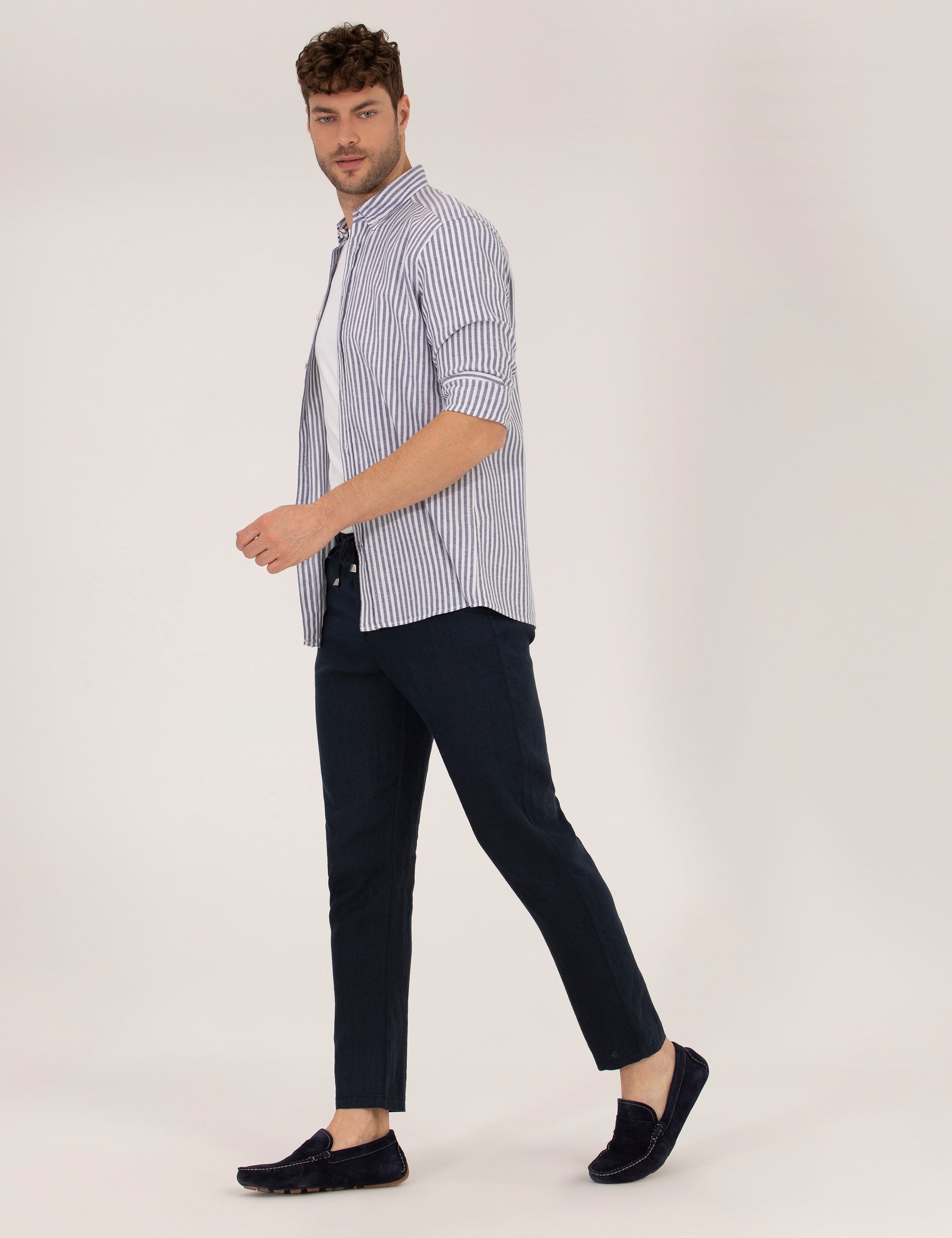 Lacivert Carrot Fit Keten Chino Pantolon - Image 3