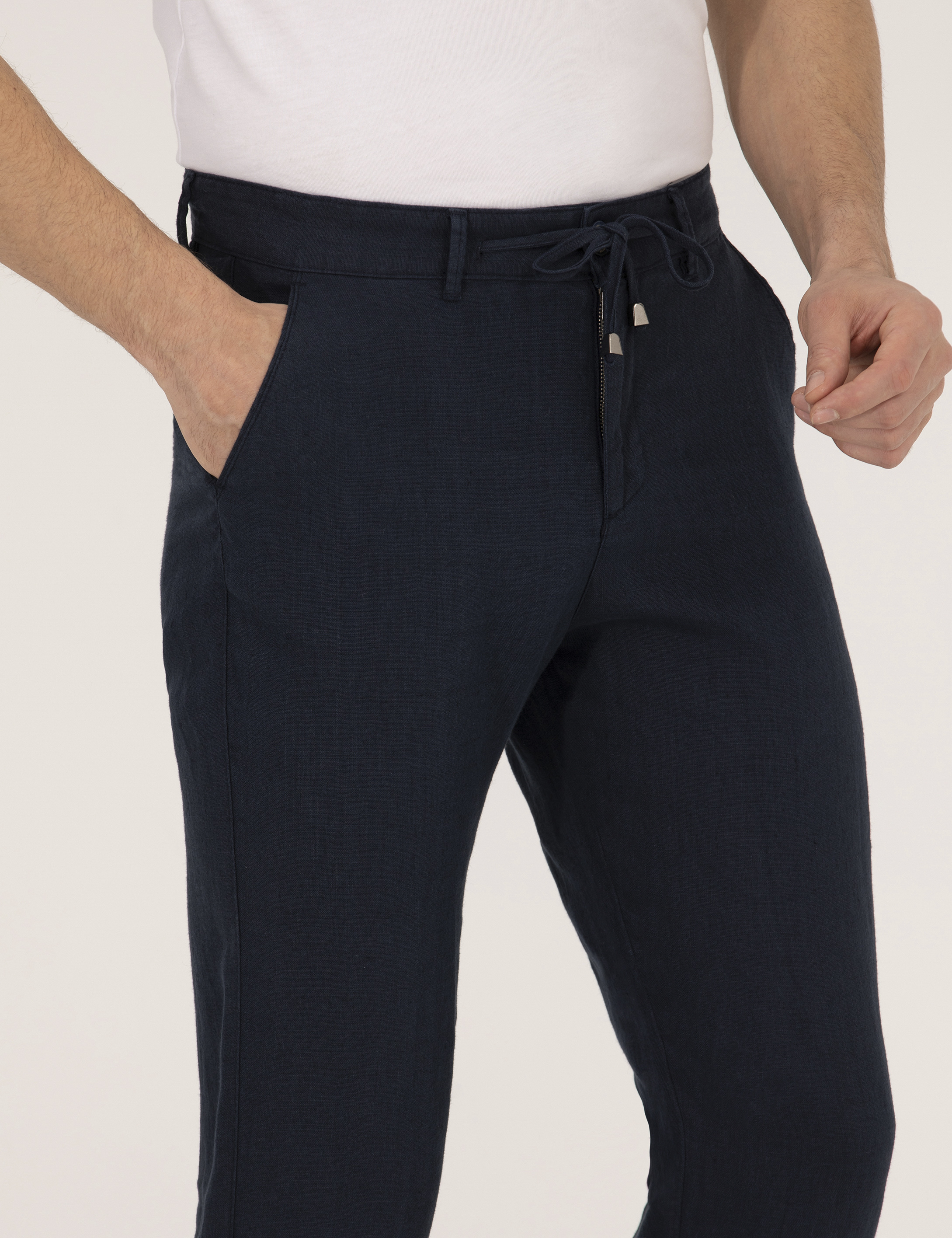 Lacivert Carrot Fit Keten Chino Pantolon - Image 5