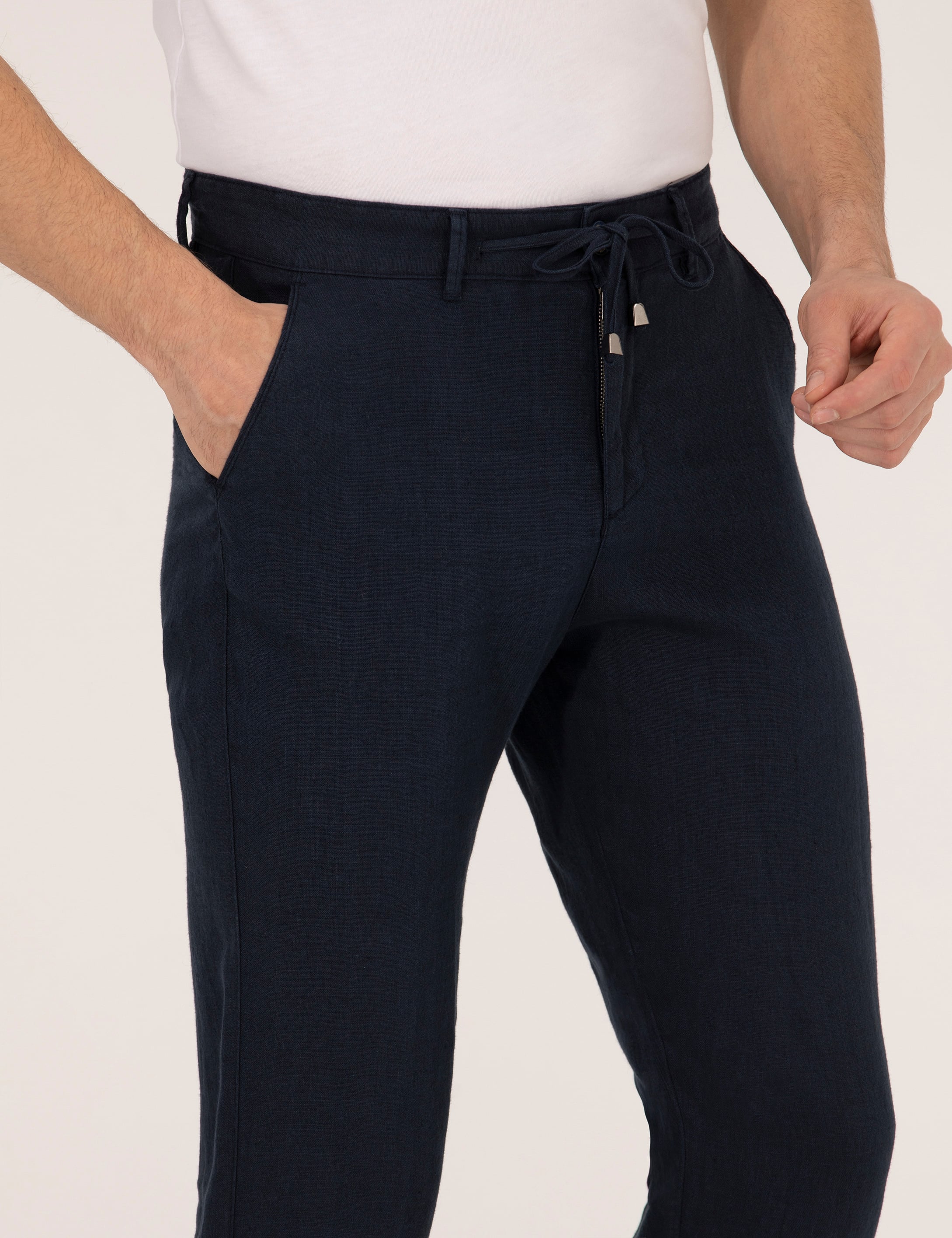 Lacivert Carrot Fit Keten Chino Pantolon