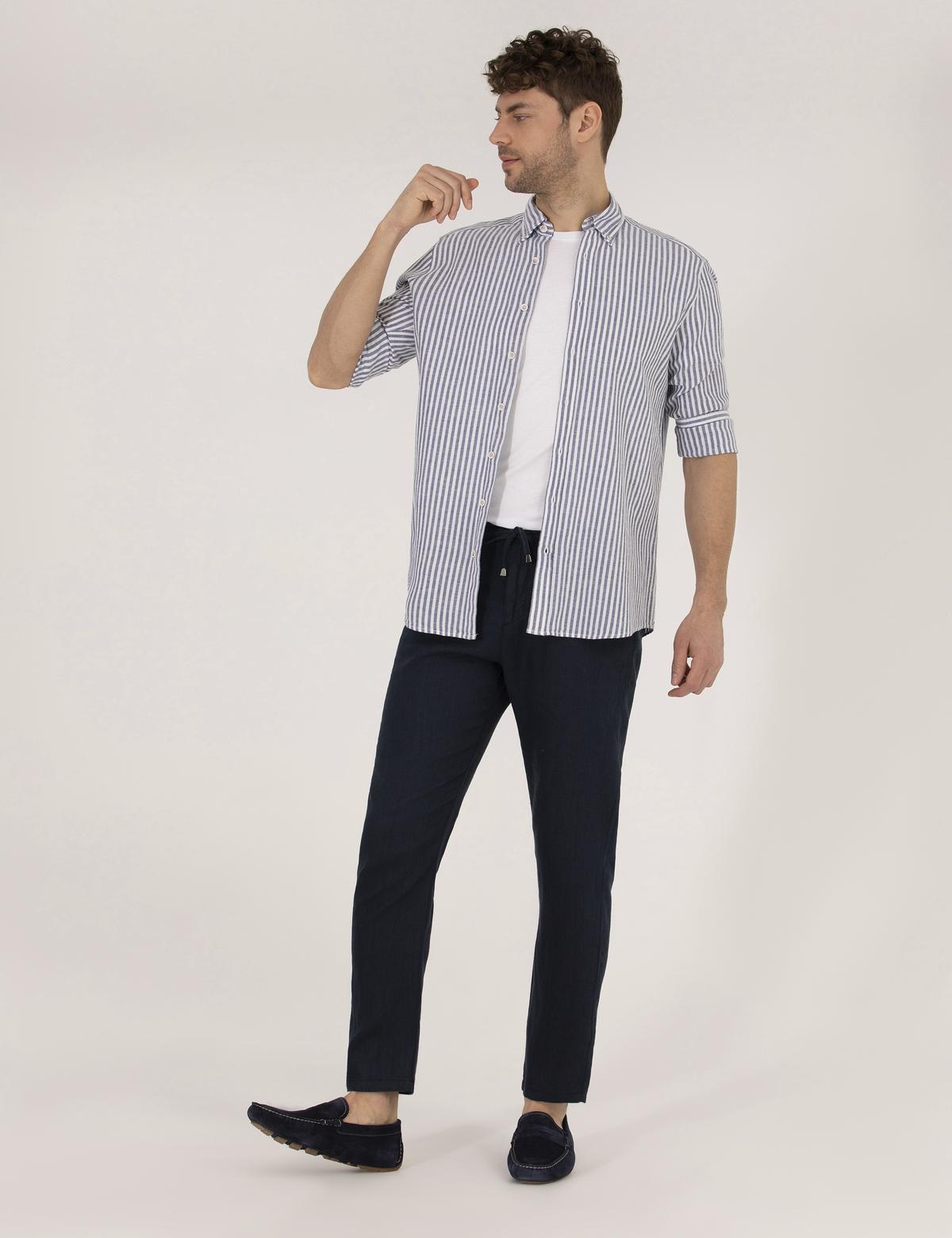 Lacivert Carrot Fit Keten Chino Pantolon