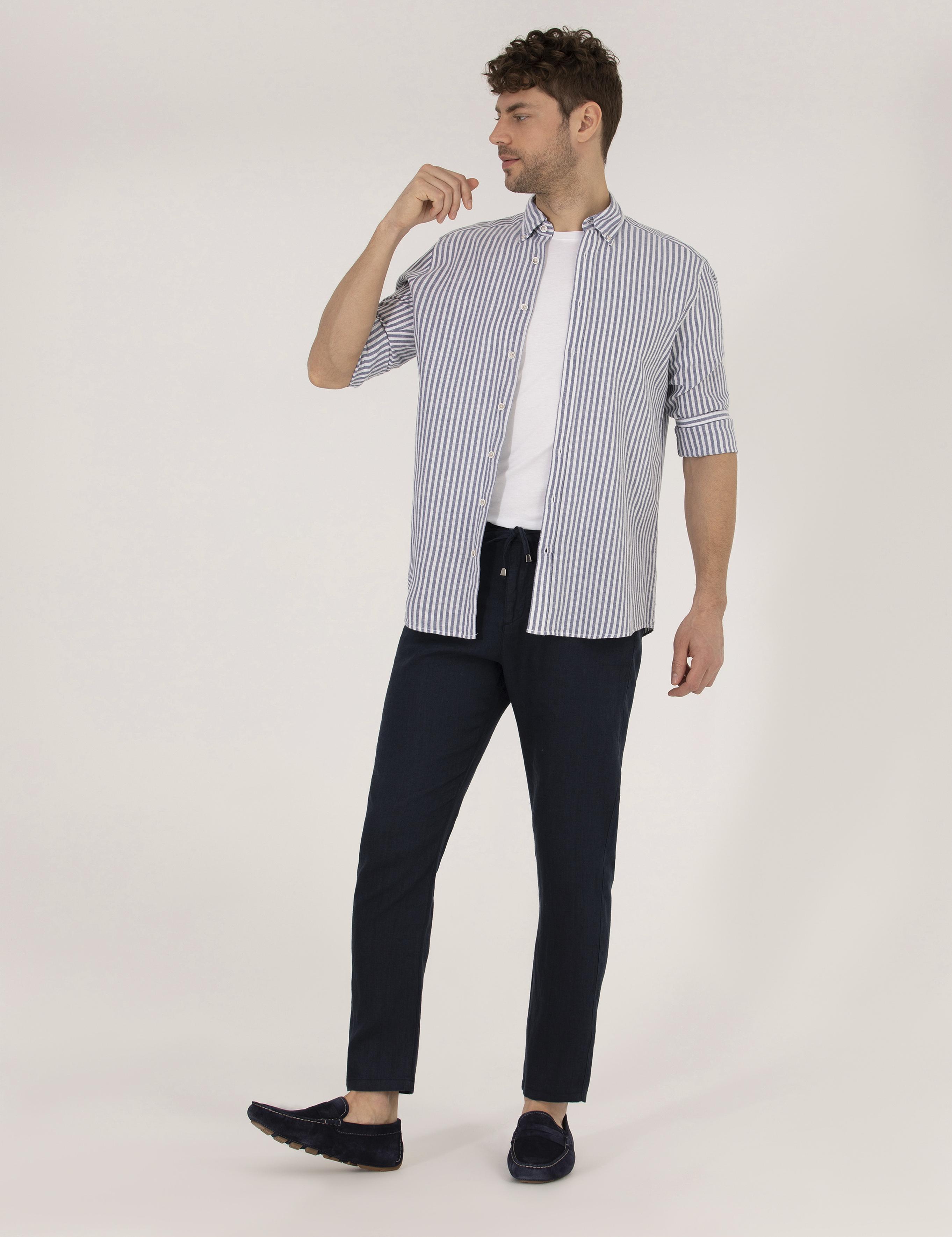 Lacivert Carrot Fit Keten Chino Pantolon