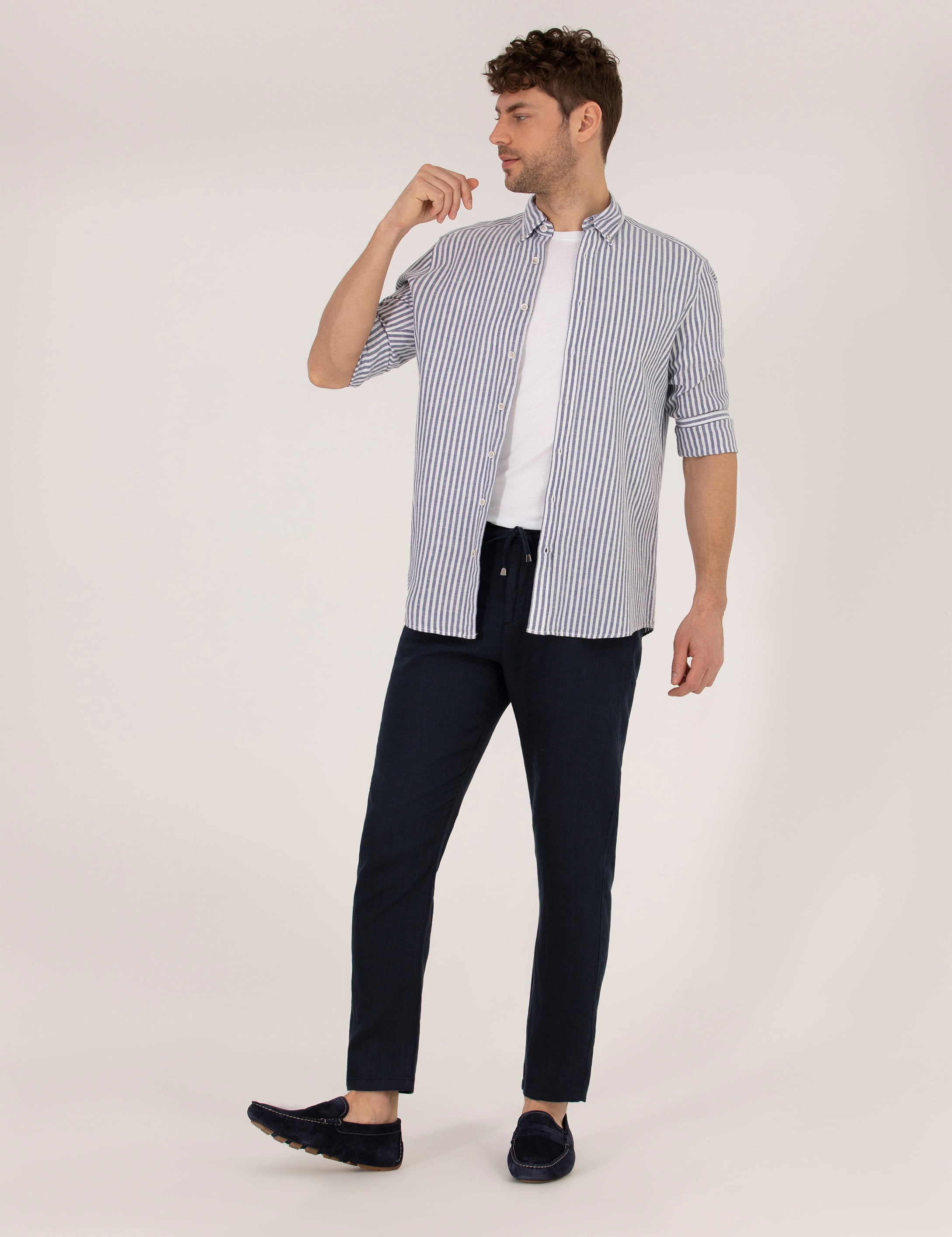 Lacivert Carrot Fit Keten Chino Pantolon