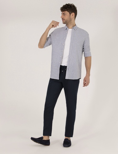 Lacivert Carrot Fit Keten Chino Pantolon