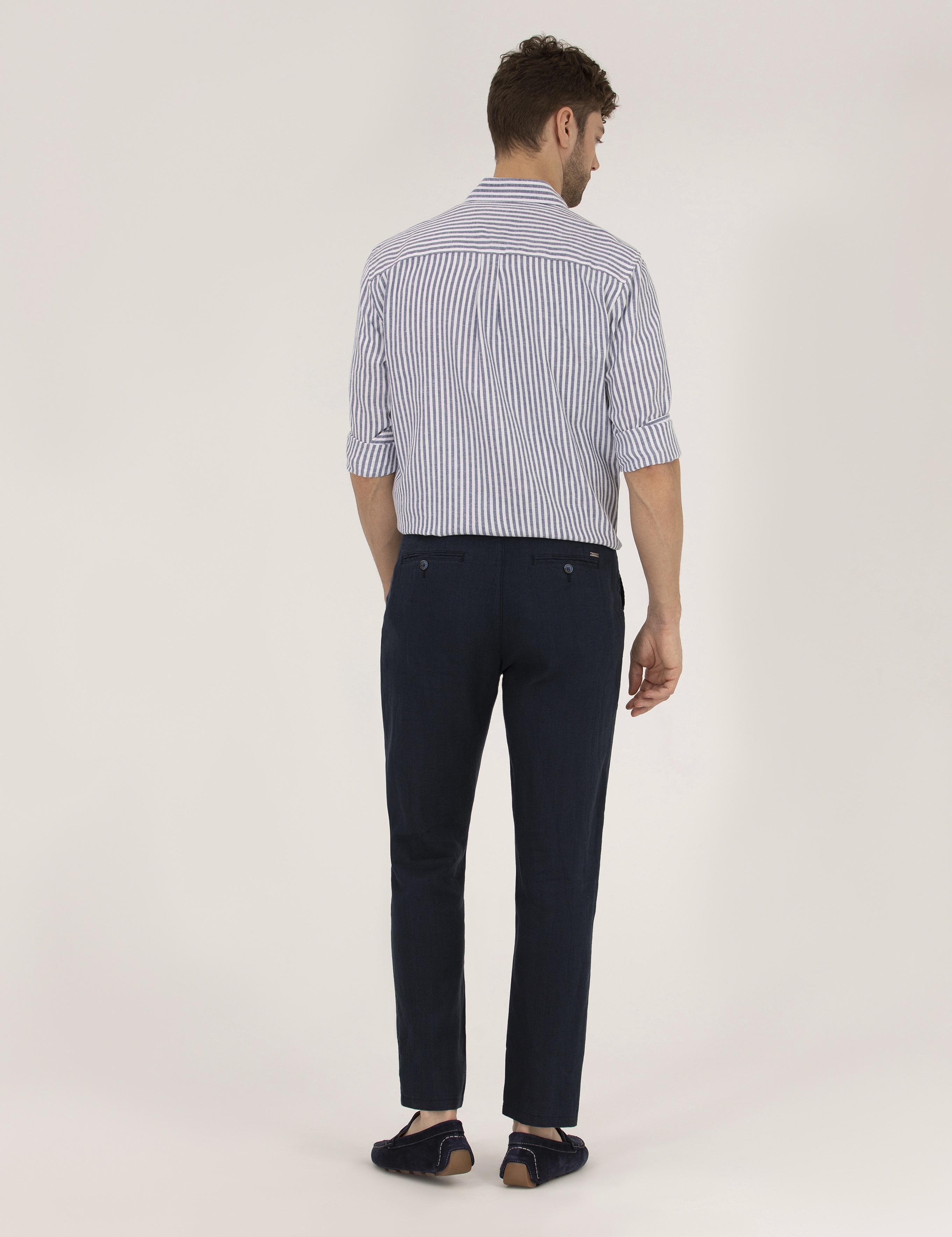 Lacivert Carrot Fit Keten Chino Pantolon