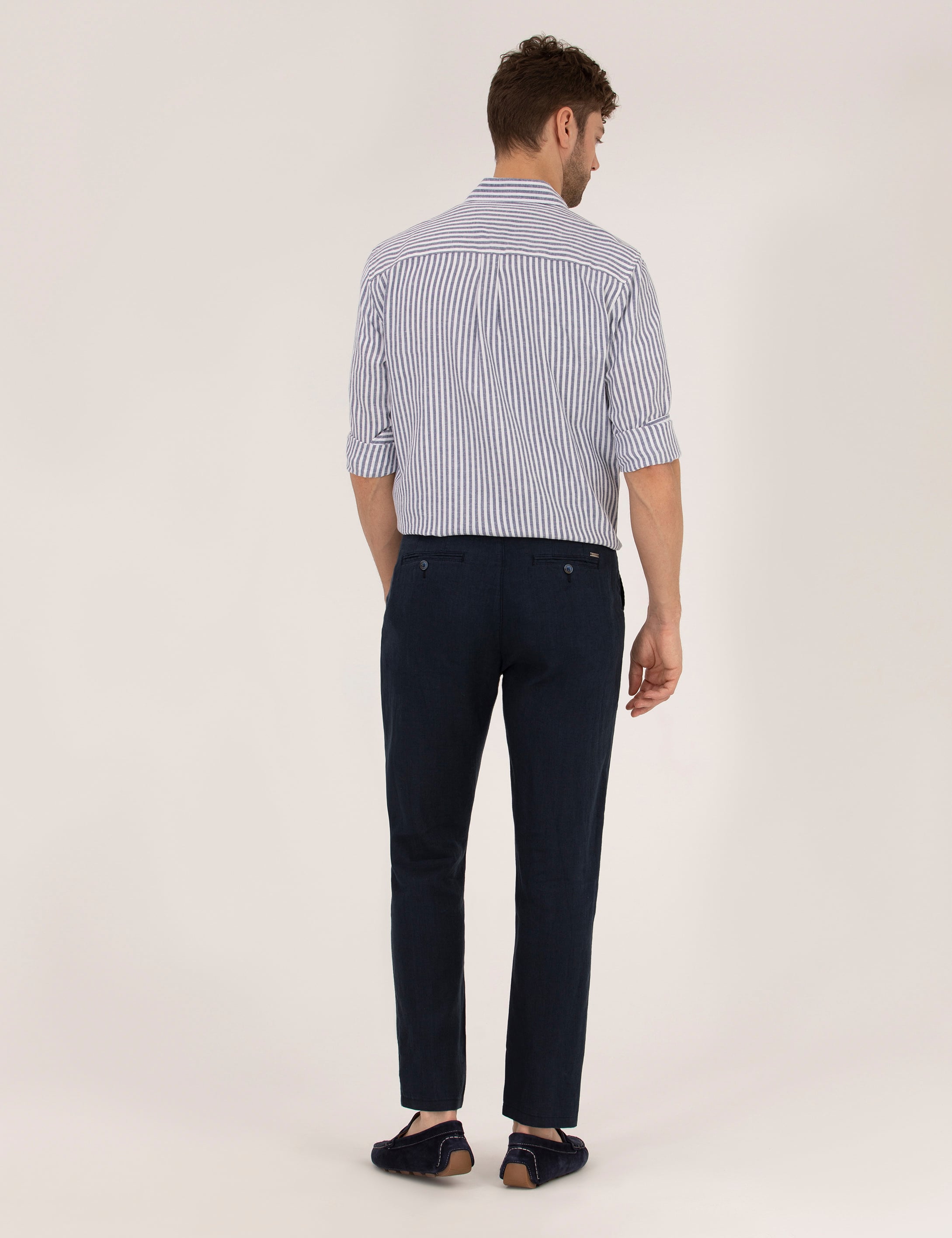 Lacivert Carrot Fit Keten Chino Pantolon