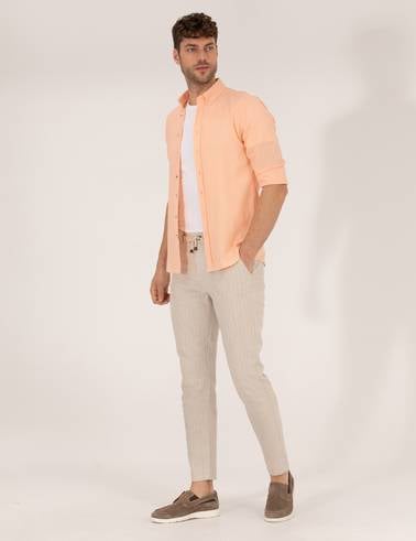 Bej Carrot Fit Beli Lastikli Keten Karışımlı Kanvas Pantolon