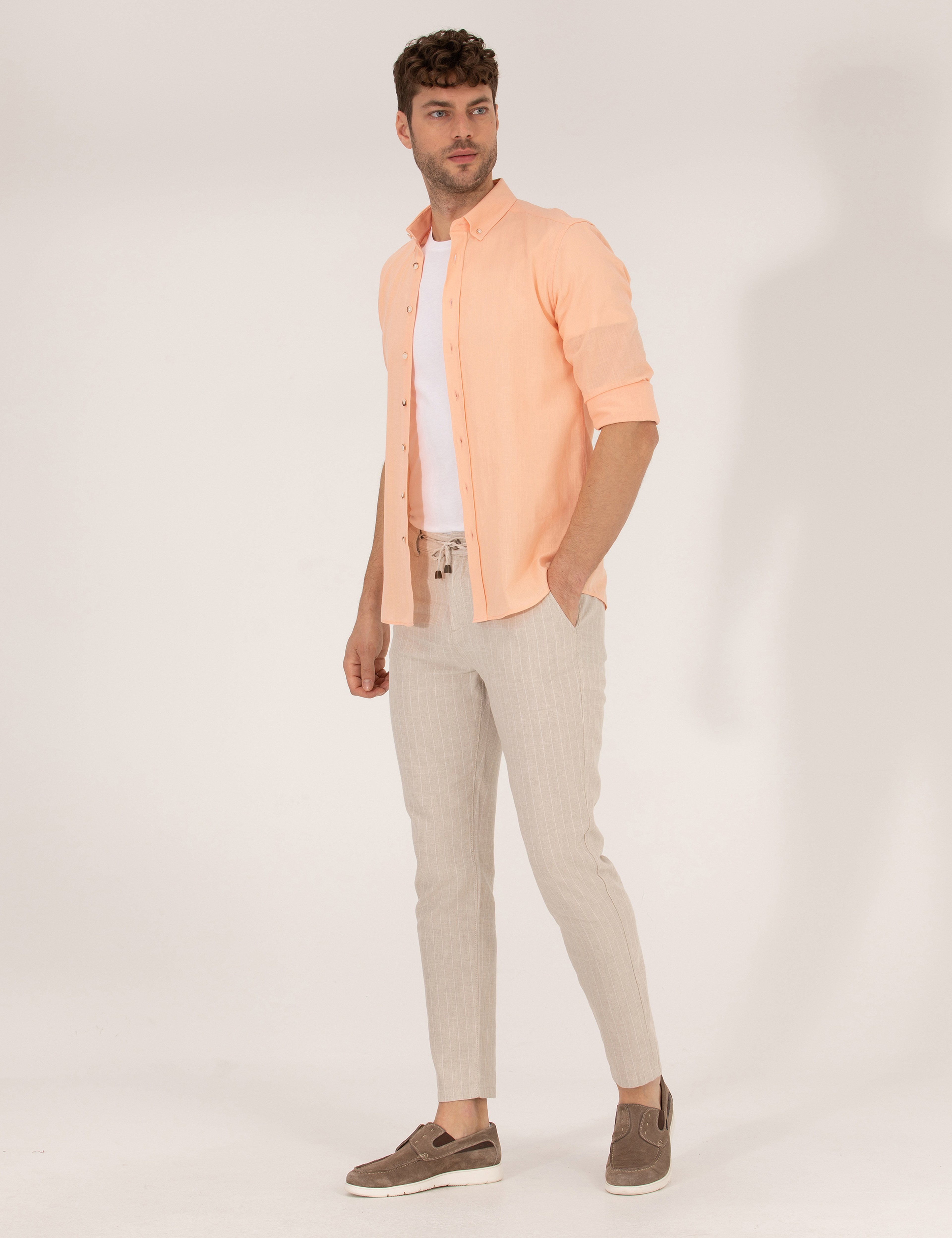 Bej Carrot Fit Beli Lastikli Keten Karışımlı Kanvas Pantolon - Image 5