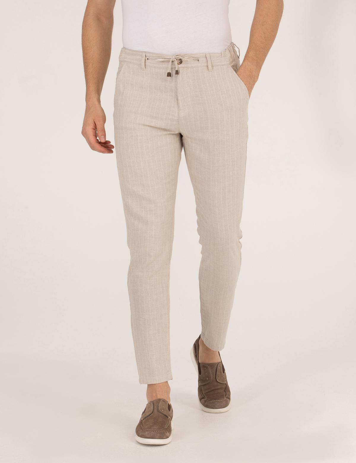 Bej Carrot Fit Beli Lastikli Keten Karışımlı Kanvas Pantolon - 50268051037