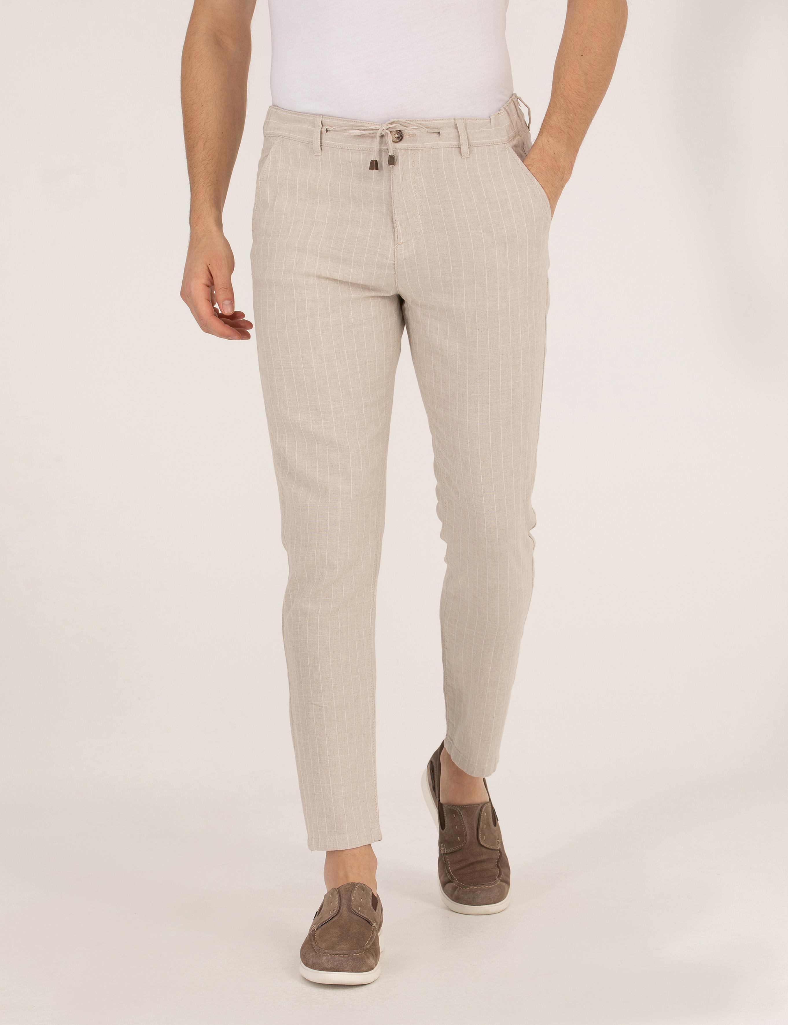 Bej Carrot Fit Beli Lastikli Keten Karışımlı Kanvas Pantolon