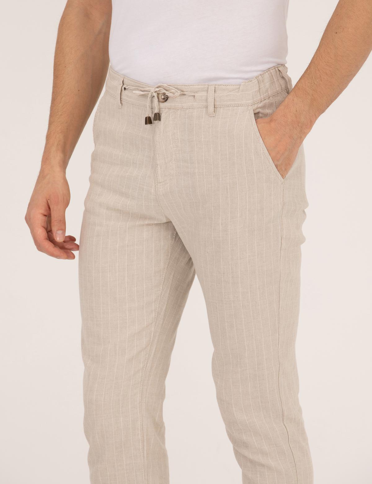 Bej Carrot Fit Beli Lastikli Keten Karışımlı Kanvas Pantolon - 50268051037