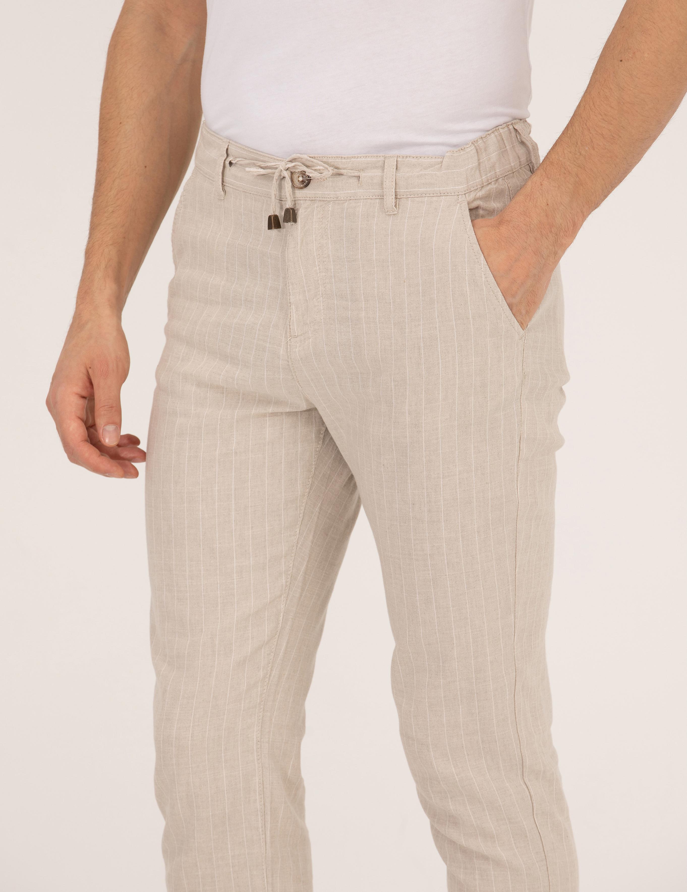 Bej Carrot Fit Beli Lastikli Keten Karışımlı Kanvas Pantolon