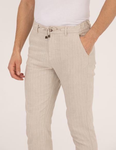 Bej Carrot Fit Beli Lastikli Keten Karışımlı Kanvas Pantolon - 50268051037