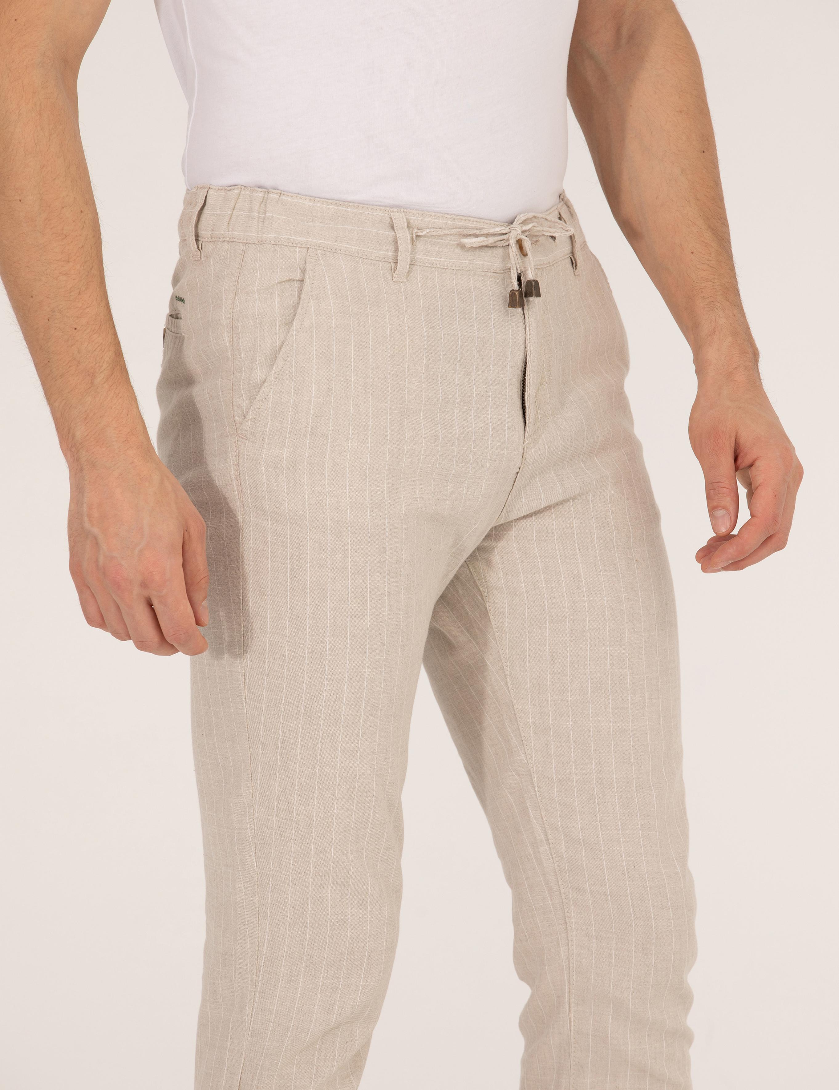 Bej Carrot Fit Beli Lastikli Keten Karışımlı Kanvas Pantolon