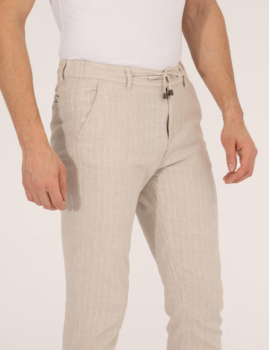 Bej Carrot Fit Beli Lastikli Keten Karışımlı Kanvas Pantolon