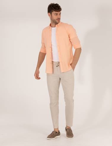 Bej Carrot Fit Beli Lastikli Keten Karışımlı Kanvas Pantolon