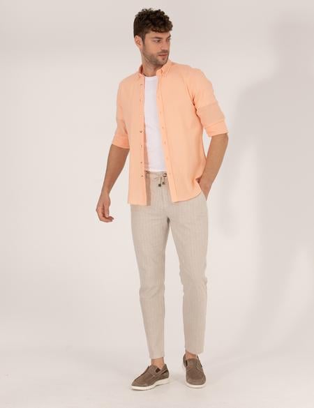 Bej Carrot Fit Beli Lastikli Keten Karışımlı Kanvas Pantolon - 50268051037